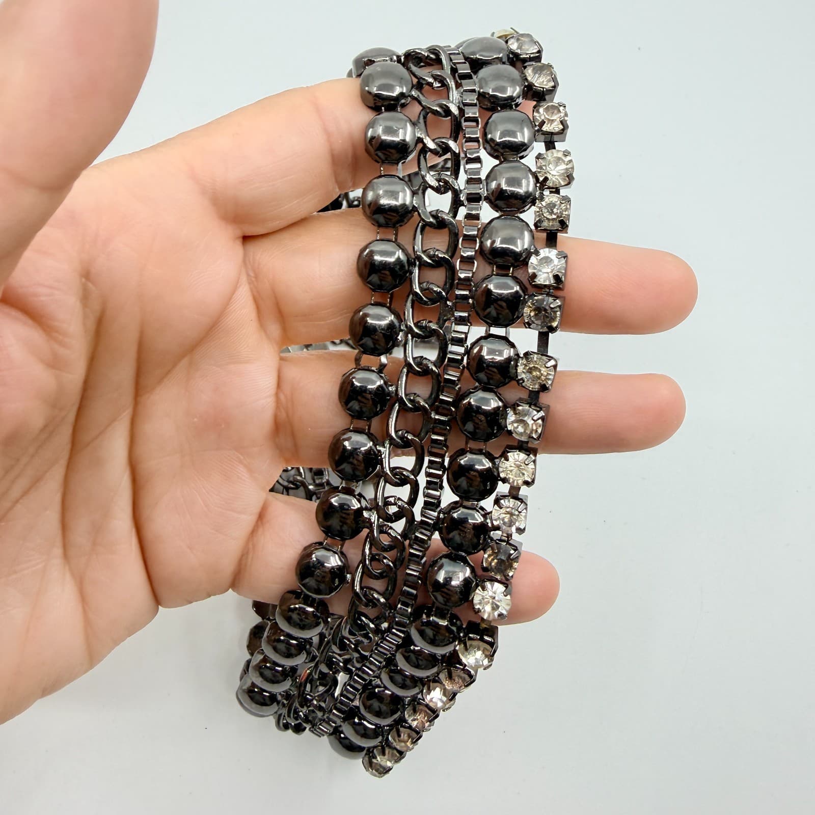 Vintage Retro Gunmetal Gray Multi Row Bib Statement Choker Necklace Rhinestone - Thumbnail 12