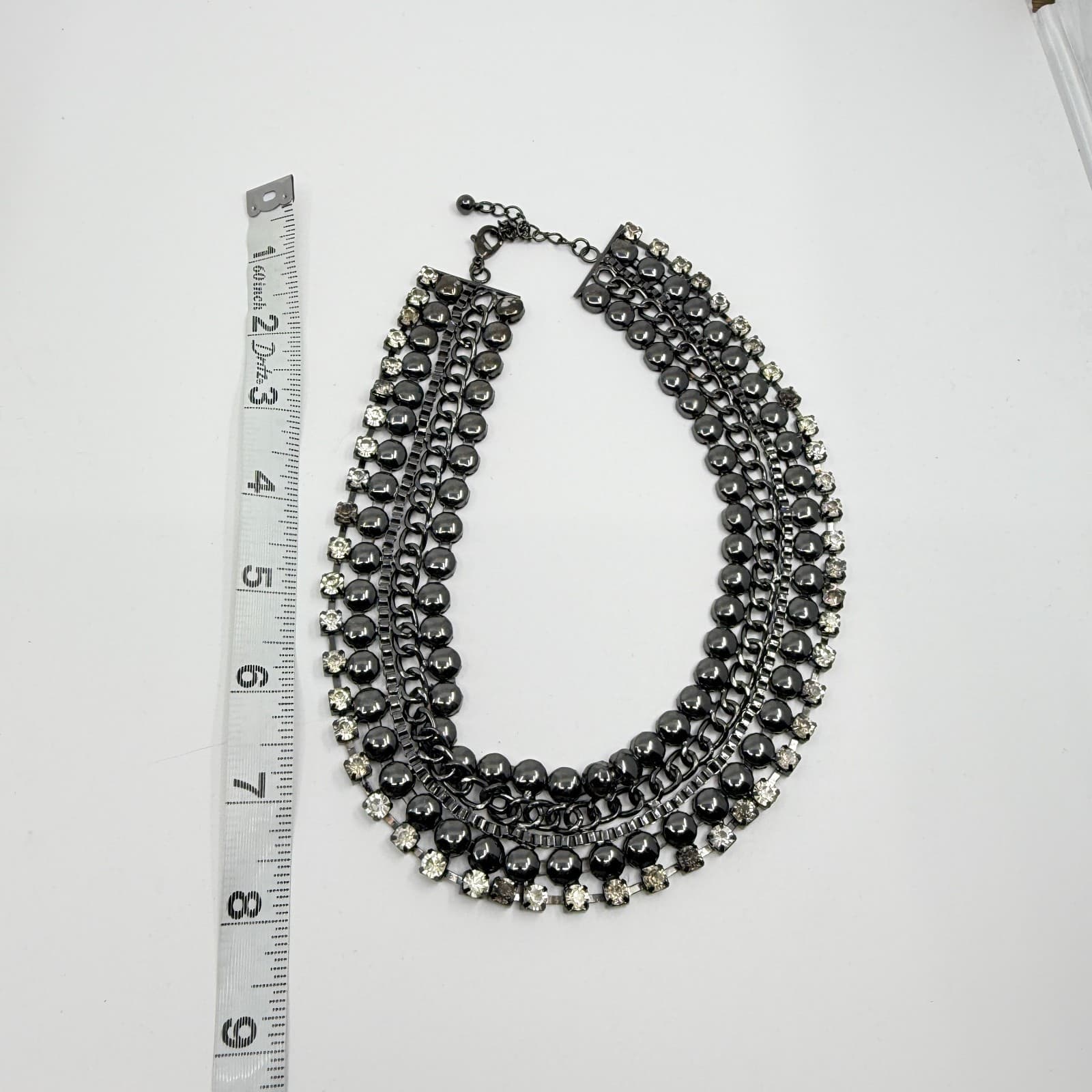 Vintage Retro Gunmetal Gray Multi Row Bib Statement Choker Necklace Rhinestone - Thumbnail 14