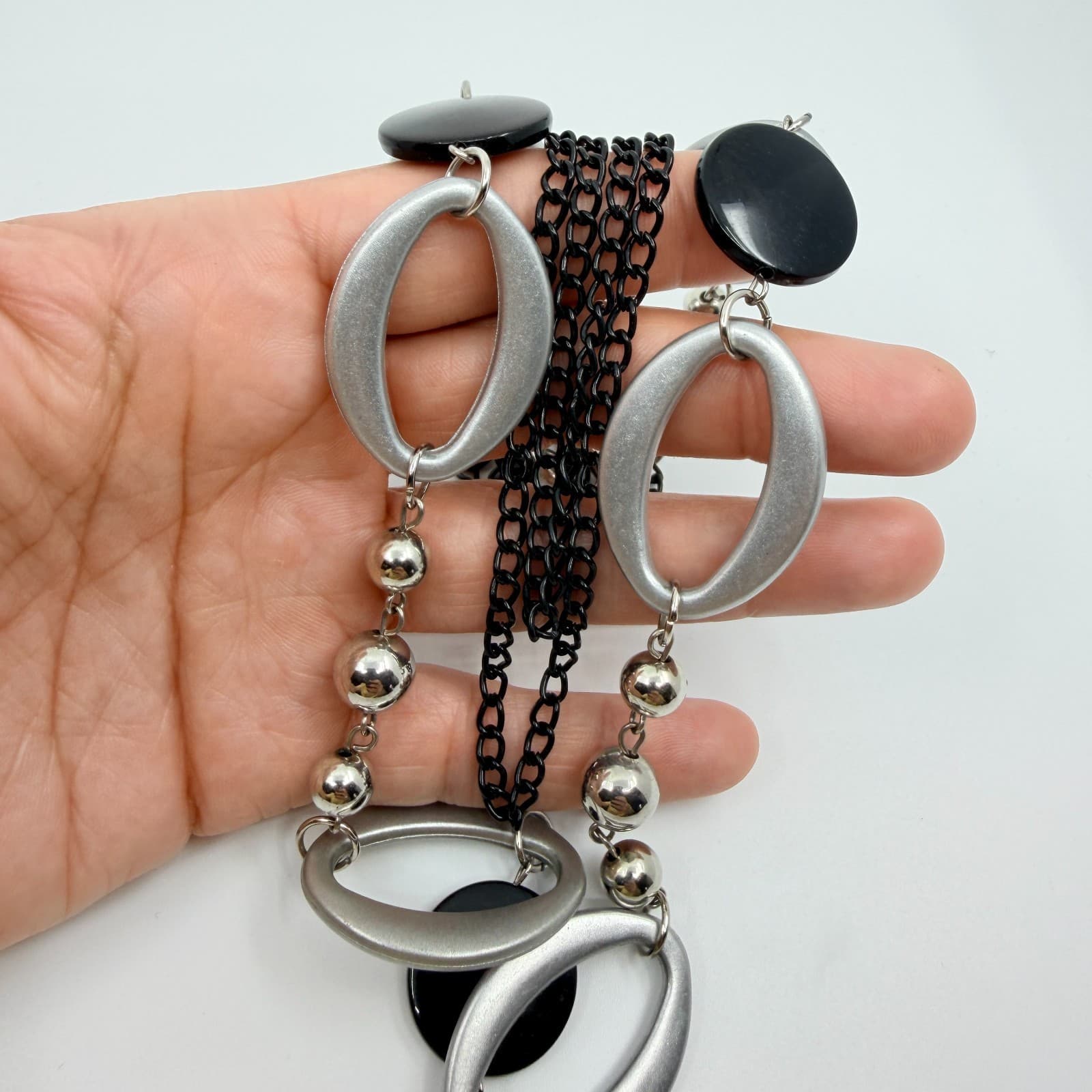 Black Grey Silver Tone Acrylic Oval Link Necklace Mixed Chain Modern Classic - Thumbnail 7