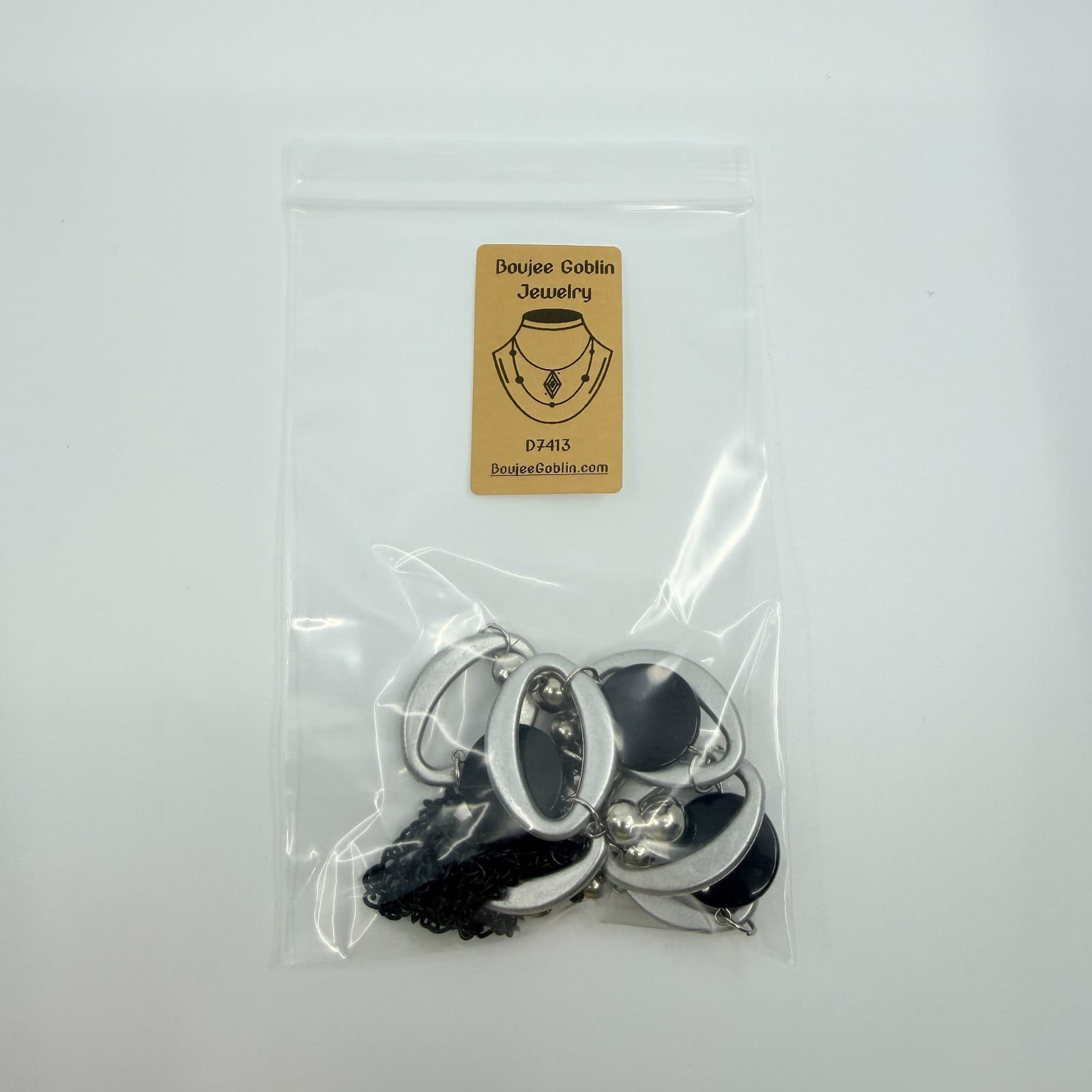 Black Grey Silver Tone Acrylic Oval Link Necklace Mixed Chain Modern Classic - Thumbnail 9