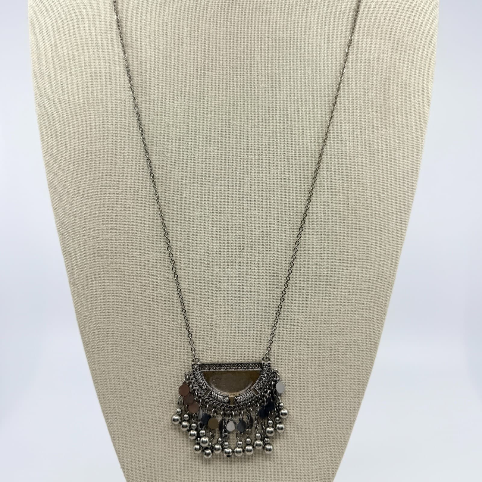 Vintage Silver Tone Boho Tribal Bib Statement Necklace Fringe Ball Disc Charms - Thumbnail 5