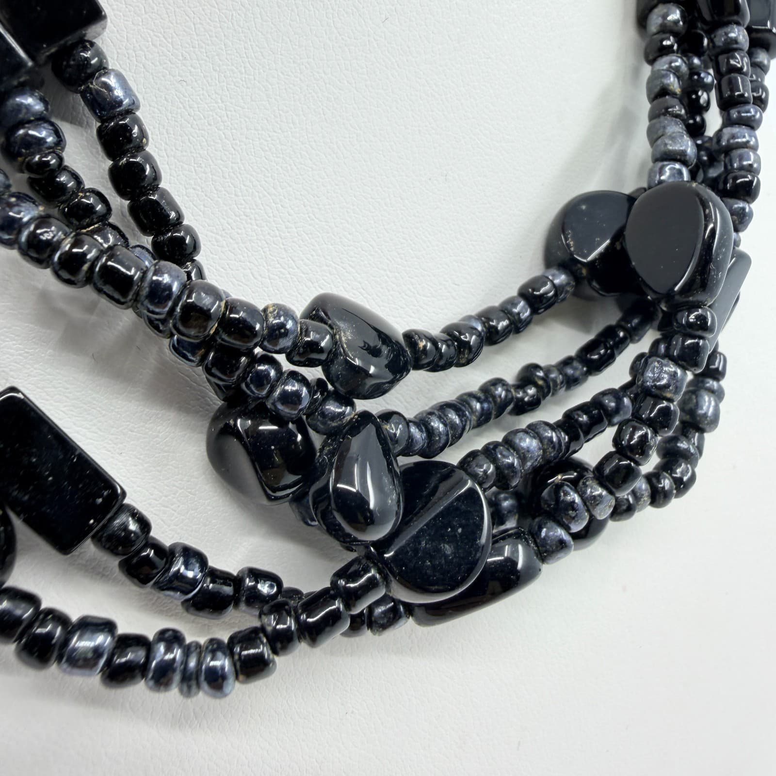 Vintage Black Multi Strand Beaded Necklace Chunky Statement Boho 90s - Thumbnail 5