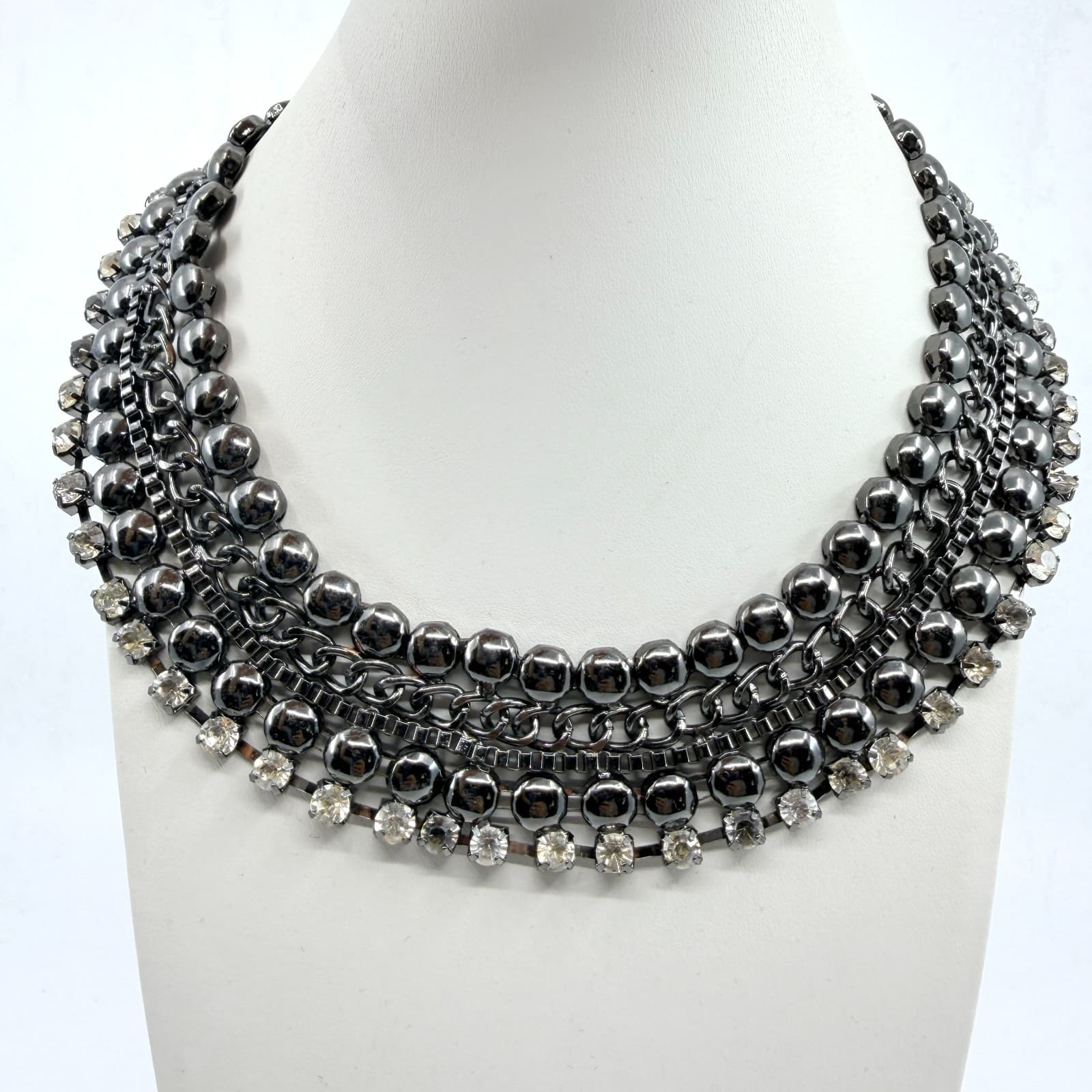 Vintage Retro Gunmetal Gray Multi Row Bib Statement Choker Necklace Rhinestone