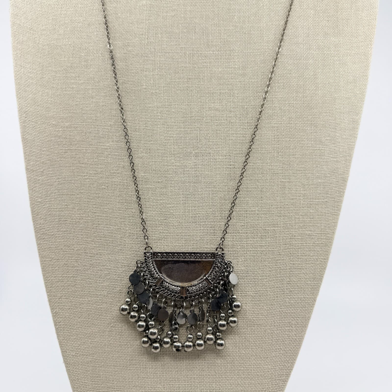 Vintage Silver Tone Boho Tribal Bib Statement Necklace Fringe Ball Disc Charms - Thumbnail 2