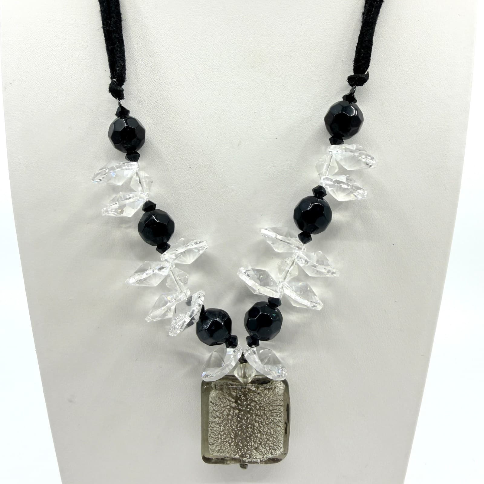 Vintage Black Cord Smoky Faux Quartz Square Pendant Necklace Statement Retro 90s