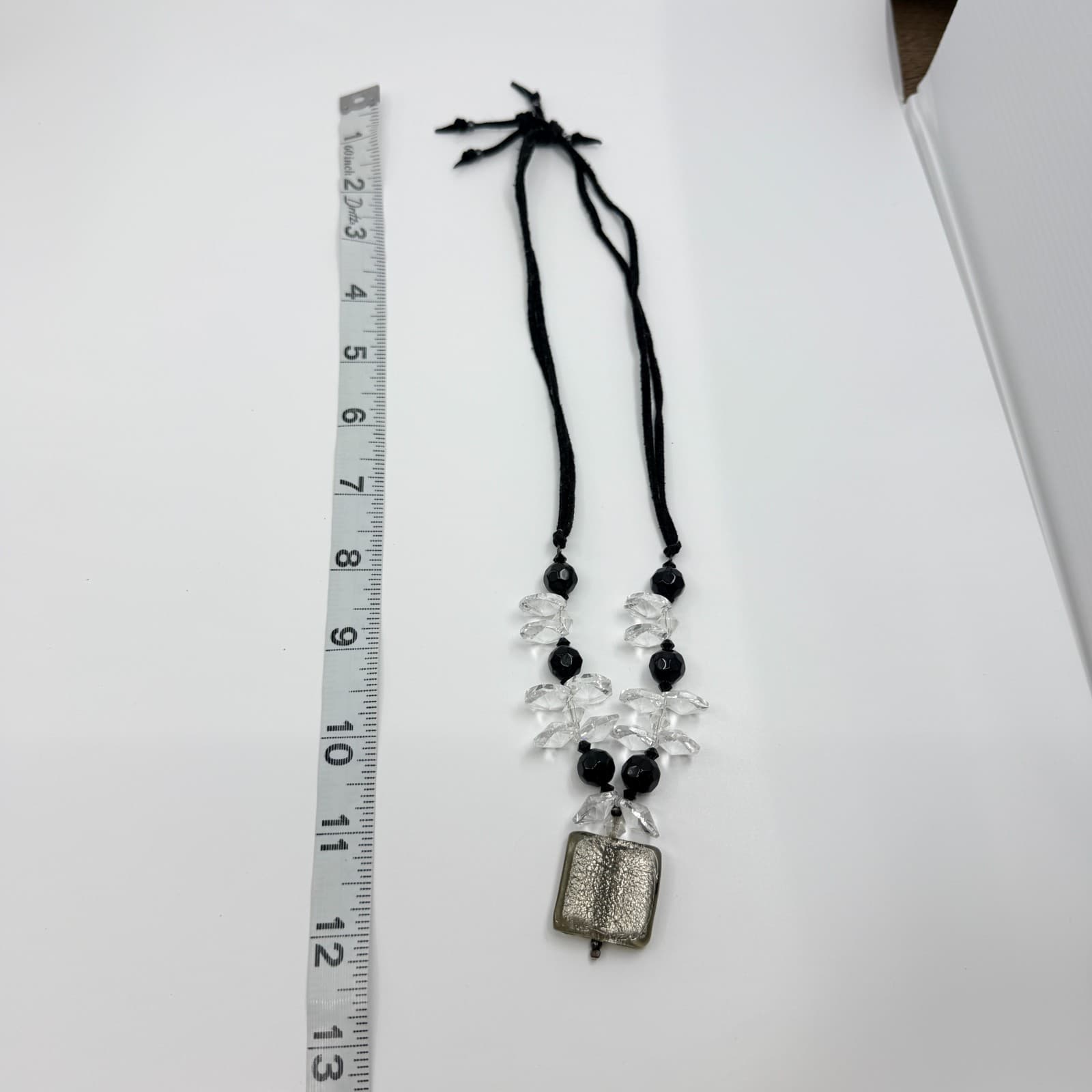 Vintage Black Cord Smoky Faux Quartz Square Pendant Necklace Statement Retro 90s - Thumbnail 6