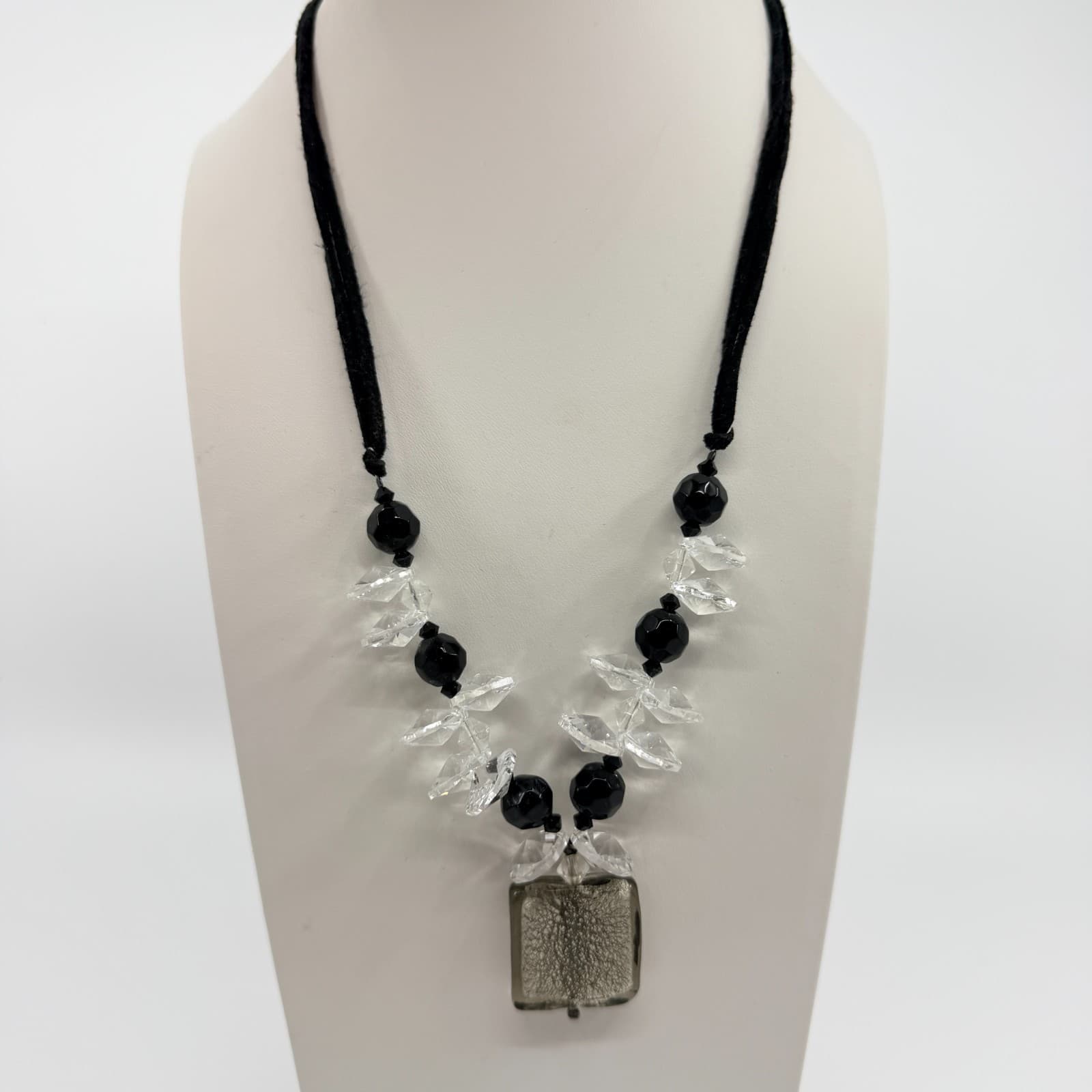 Vintage Black Cord Smoky Faux Quartz Square Pendant Necklace Statement Retro 90s - Thumbnail 3