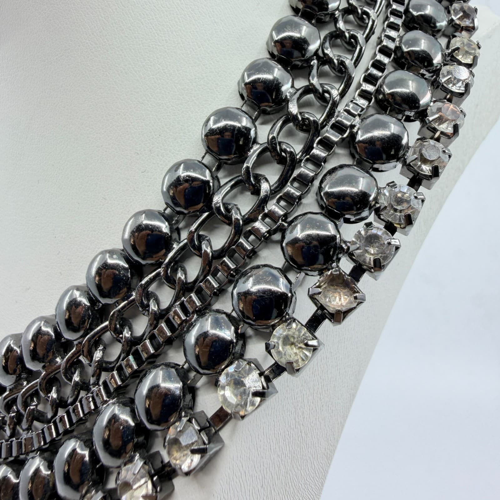 Vintage Retro Gunmetal Gray Multi Row Bib Statement Choker Necklace Rhinestone - Thumbnail 9