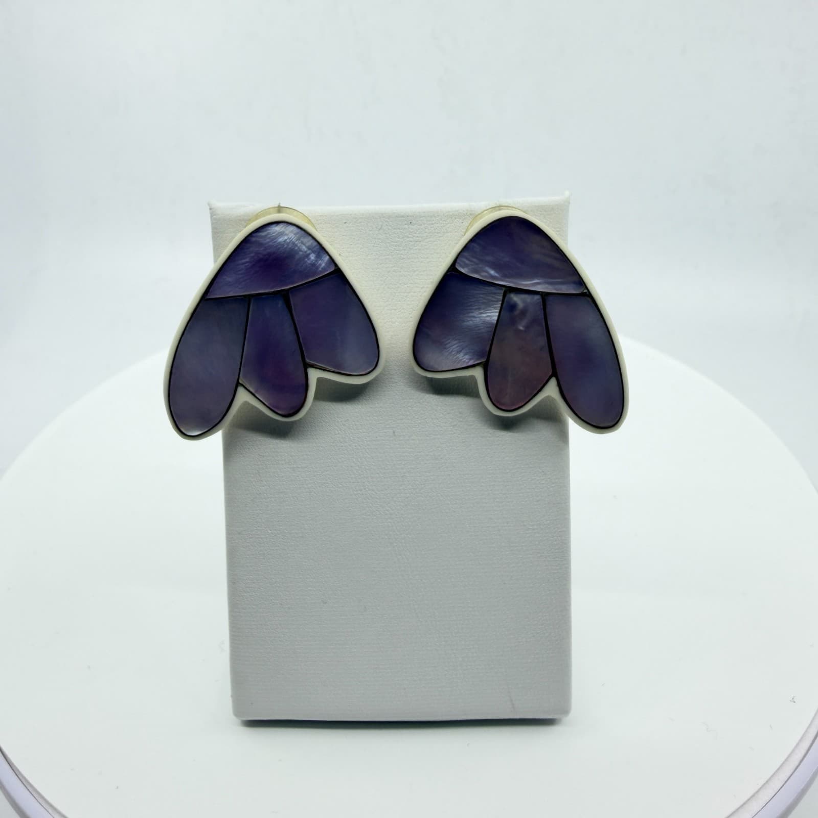 Vintage Purple Mother of Pearl Inlay Stud Earrings Abstract Fan Wing Retro Boho - Thumbnail 4