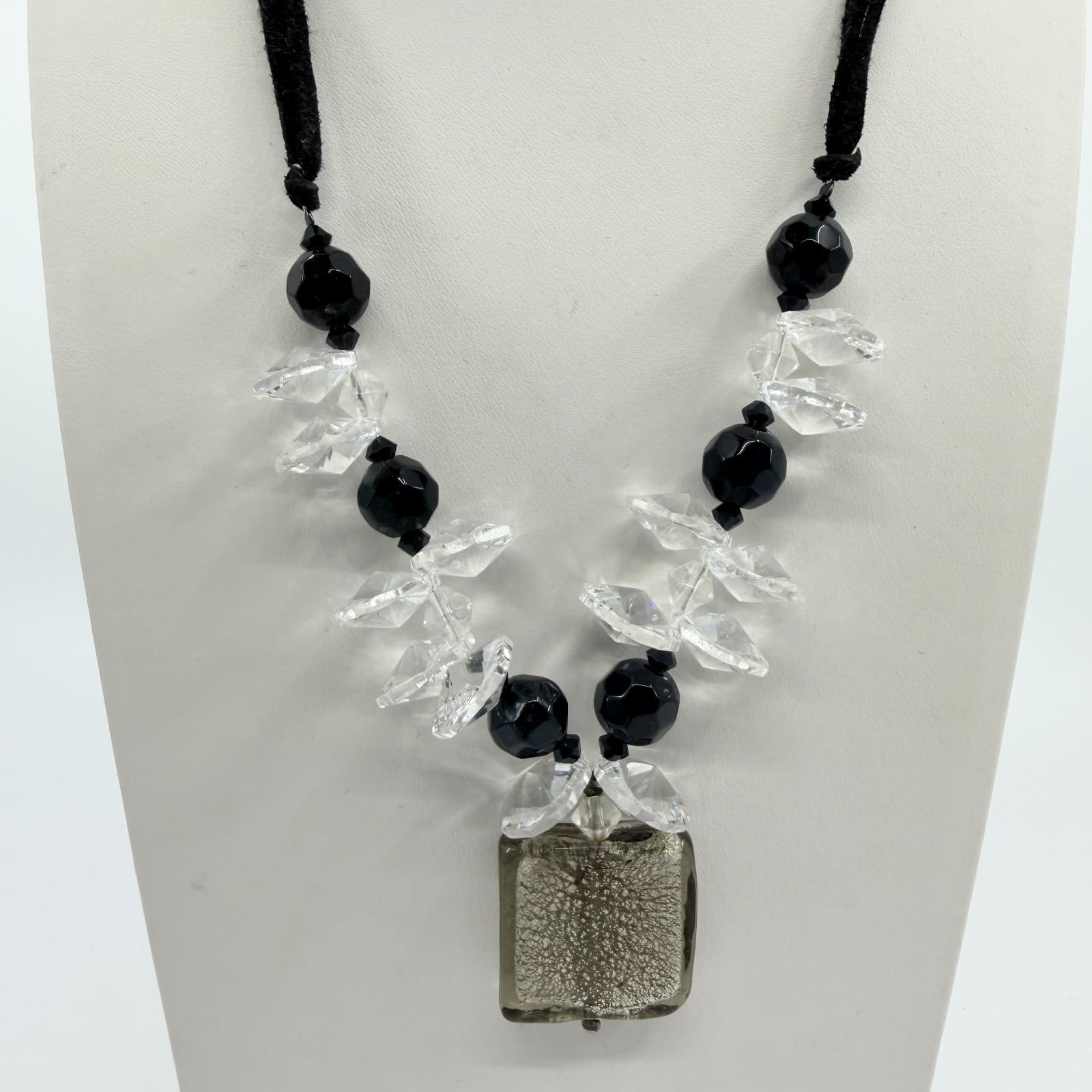 Vintage Black Cord Smoky Faux Quartz Square Pendant Necklace Statement Retro 90s - Thumbnail 4