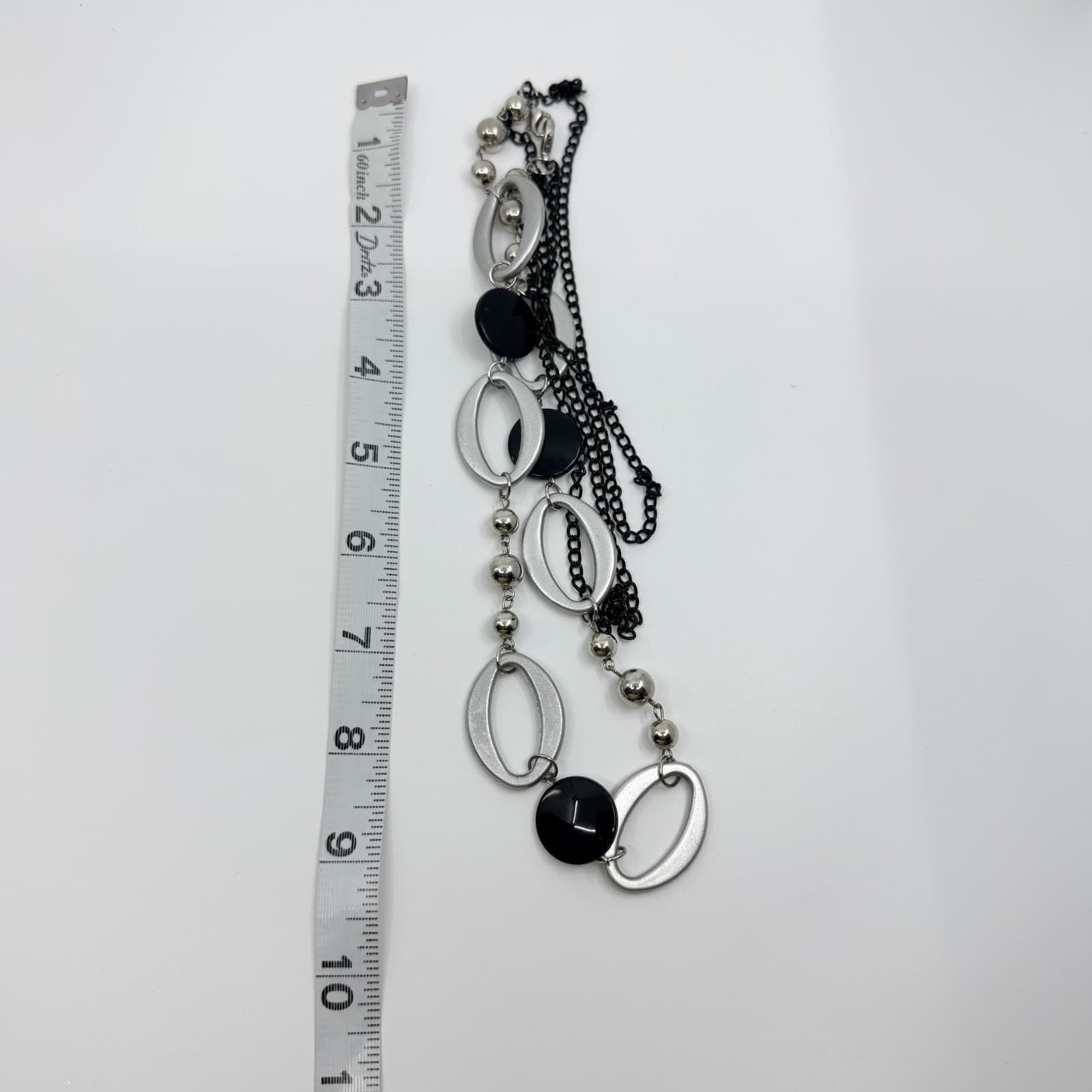 Black Grey Silver Tone Acrylic Oval Link Necklace Mixed Chain Modern Classic - Thumbnail 8