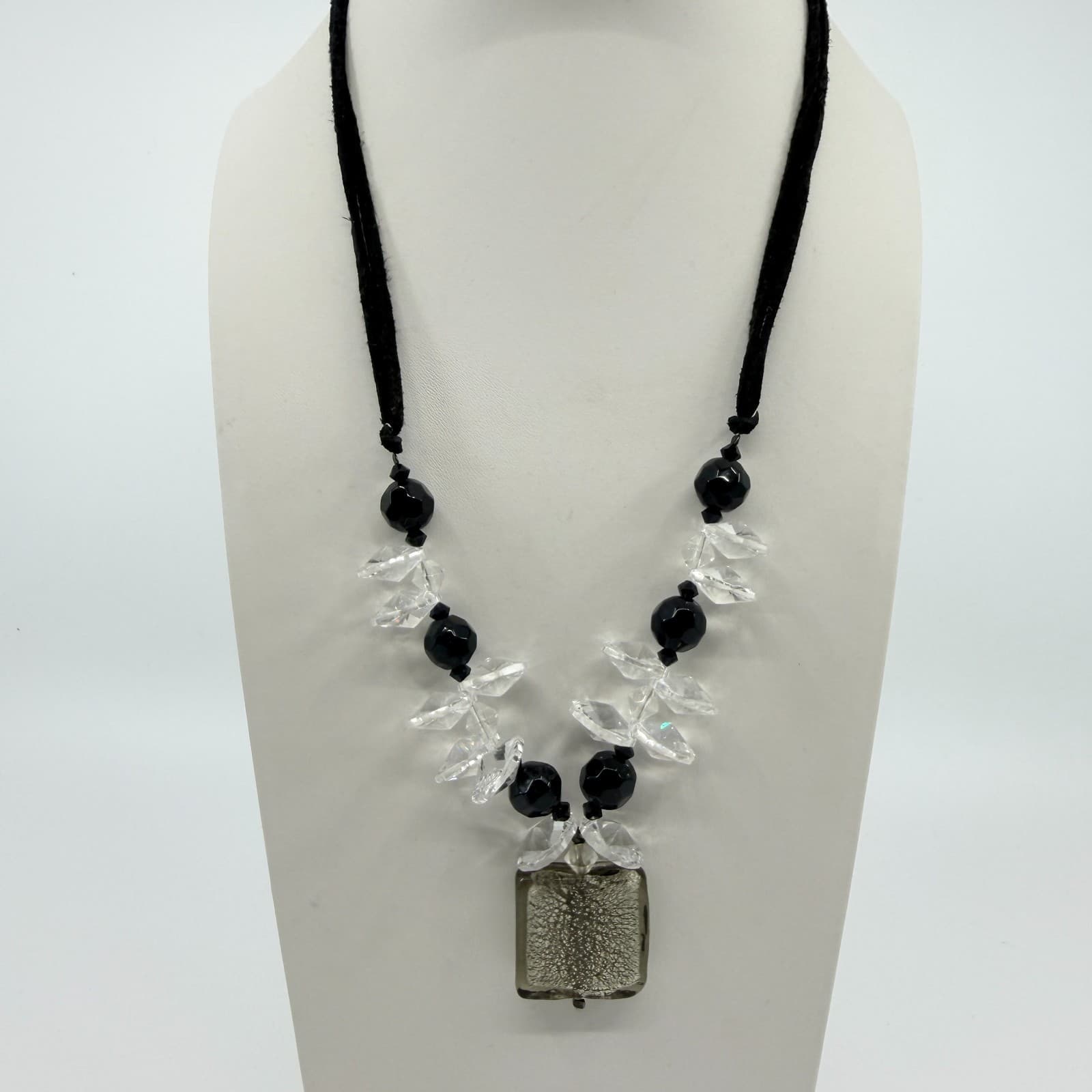 Vintage Black Cord Smoky Faux Quartz Square Pendant Necklace Statement Retro 90s - Thumbnail 2