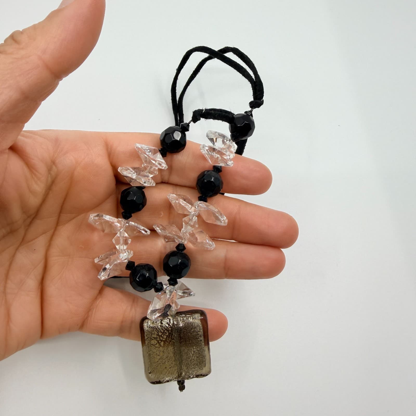 Vintage Black Cord Smoky Faux Quartz Square Pendant Necklace Statement Retro 90s - Thumbnail 5