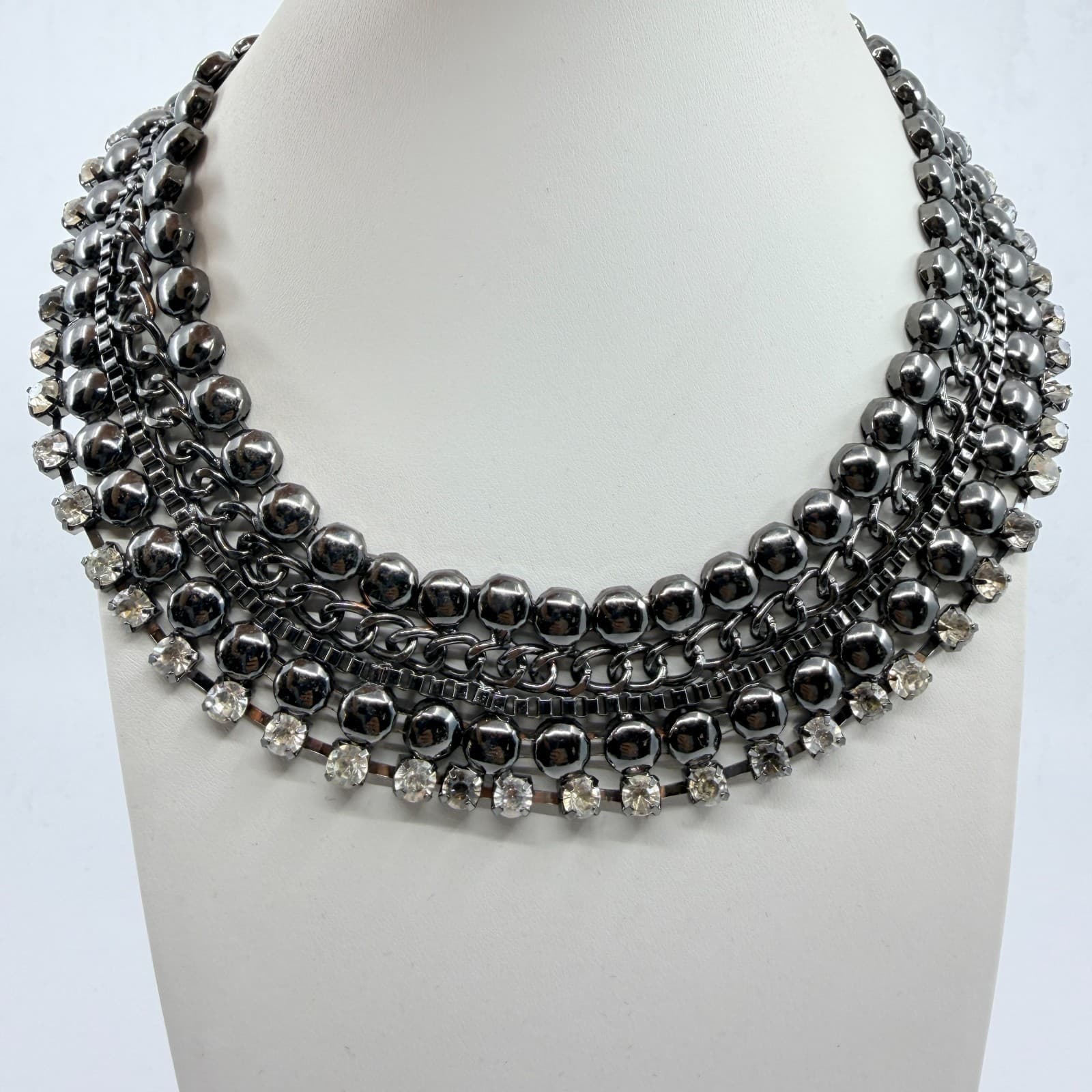 Vintage Retro Gunmetal Gray Multi Row Bib Statement Choker Necklace Rhinestone - Thumbnail 7