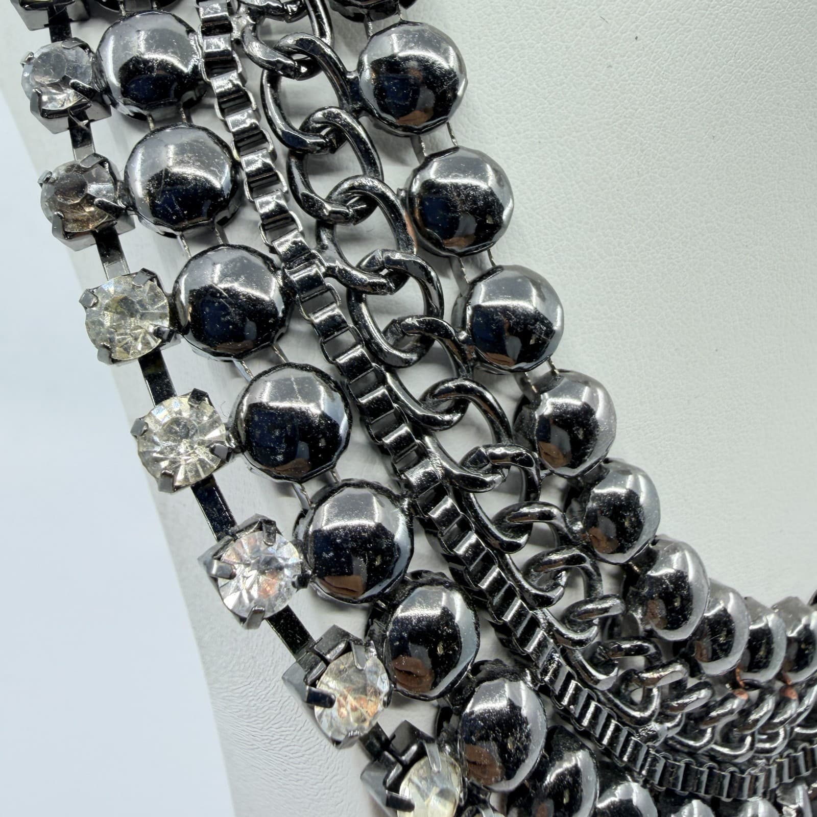 Vintage Retro Gunmetal Gray Multi Row Bib Statement Choker Necklace Rhinestone - Thumbnail 6