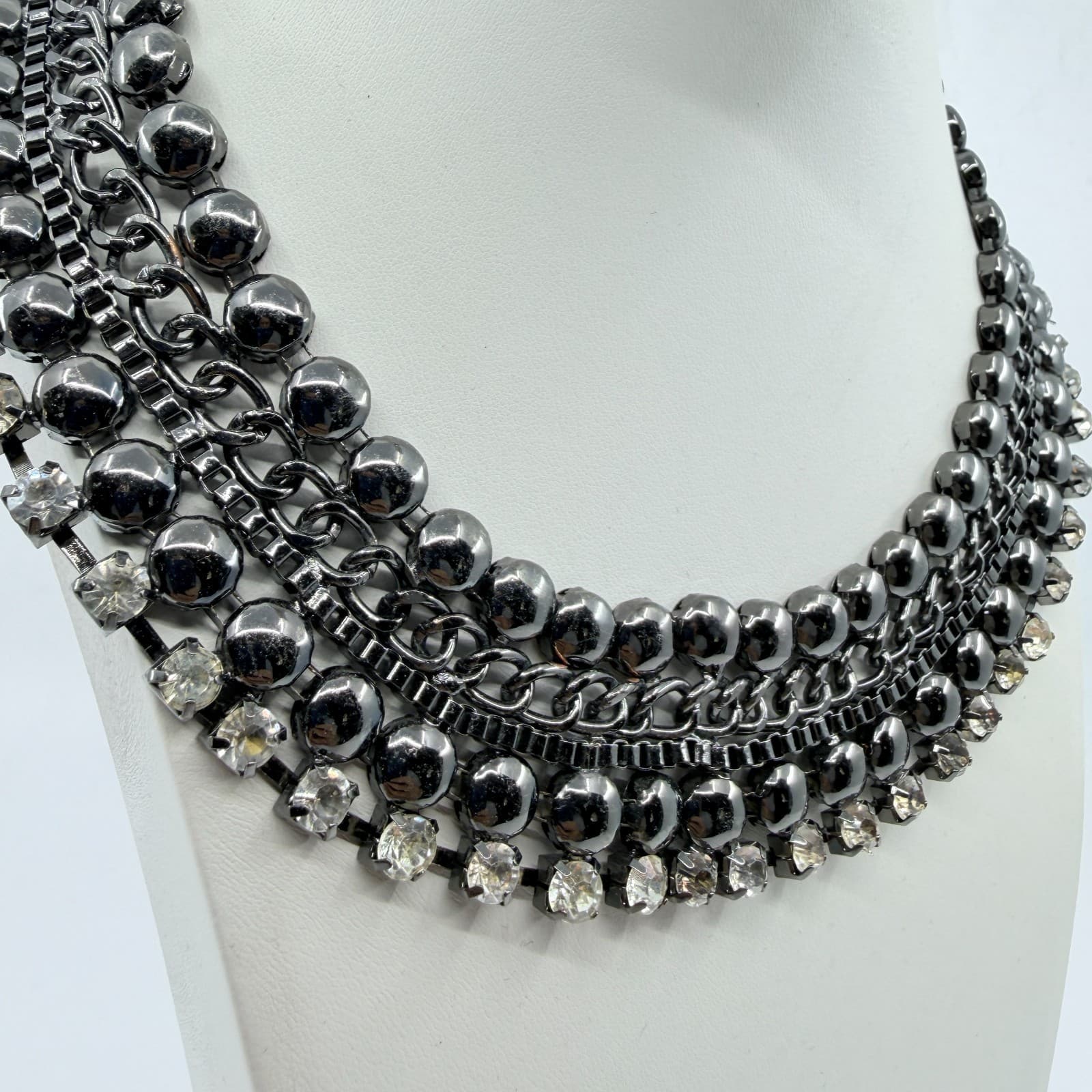 Vintage Retro Gunmetal Gray Multi Row Bib Statement Choker Necklace Rhinestone - Thumbnail 5