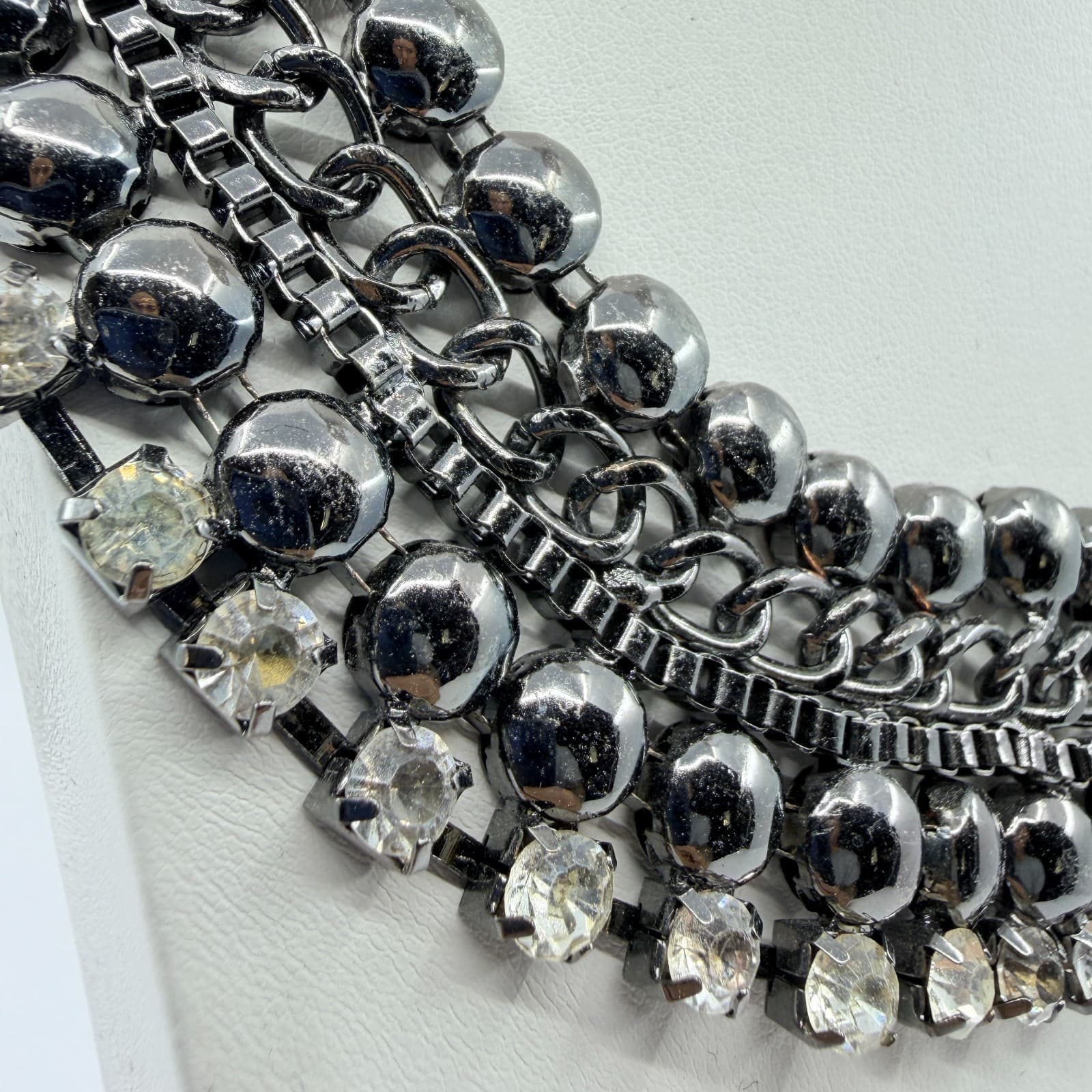 Vintage Retro Gunmetal Gray Multi Row Bib Statement Choker Necklace Rhinestone - Thumbnail 3