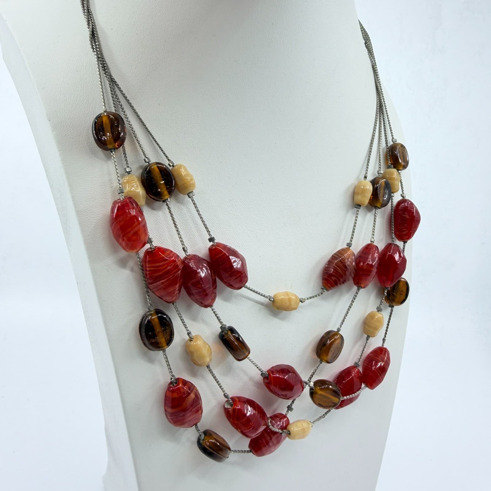 VTG Y2K New York & Co Multi Strand Layered Statement Necklace Red Brown Beaded - Thumbnail 6