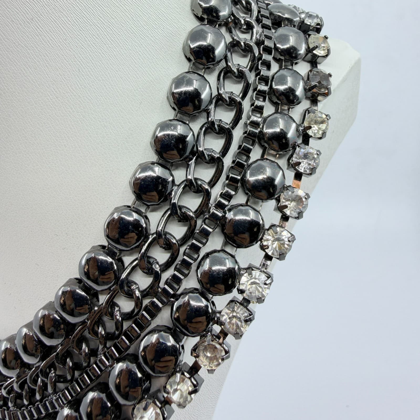 Vintage Retro Gunmetal Gray Multi Row Bib Statement Choker Necklace Rhinestone - Thumbnail 10