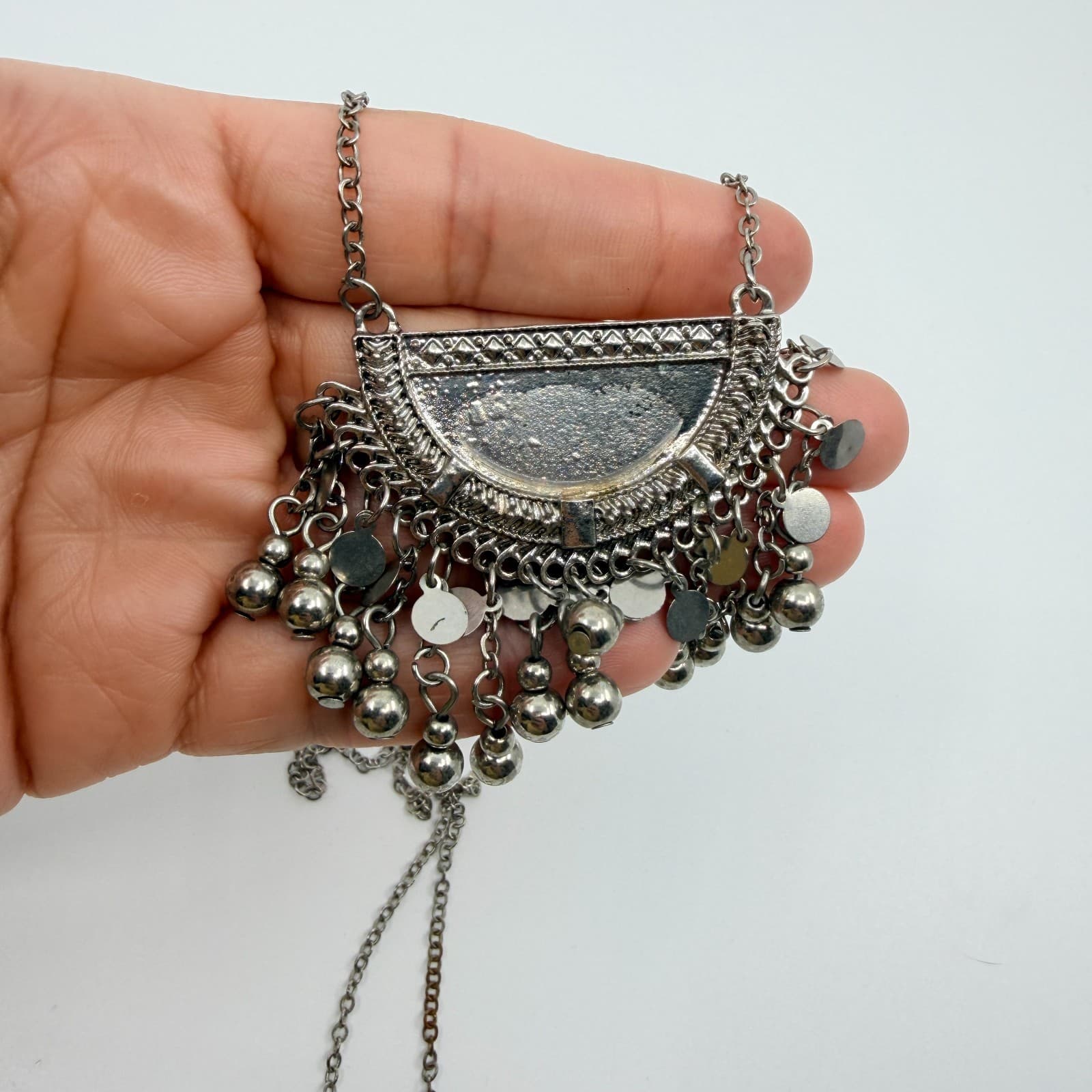 Vintage Silver Tone Boho Tribal Bib Statement Necklace Fringe Ball Disc Charms - Thumbnail 7