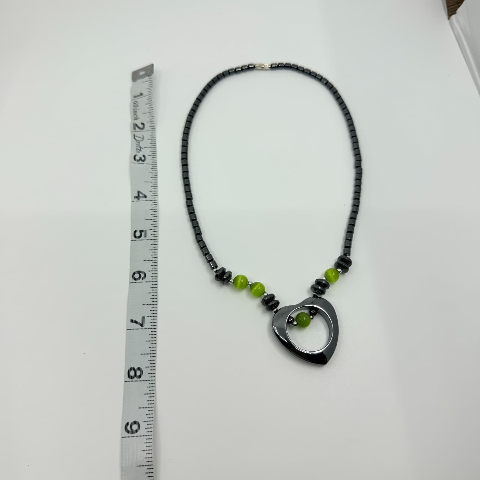 Vintage Gunmetal Tone Heart Pendant Necklace Green Beaded Statement Retro - Thumbnail 7