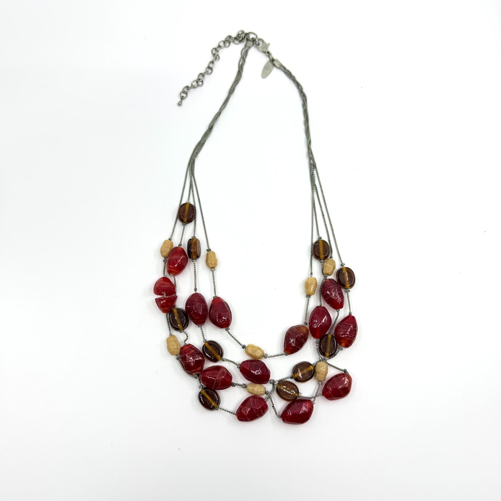 VTG Y2K New York & Co Multi Strand Layered Statement Necklace Red Brown Beaded - Thumbnail 10