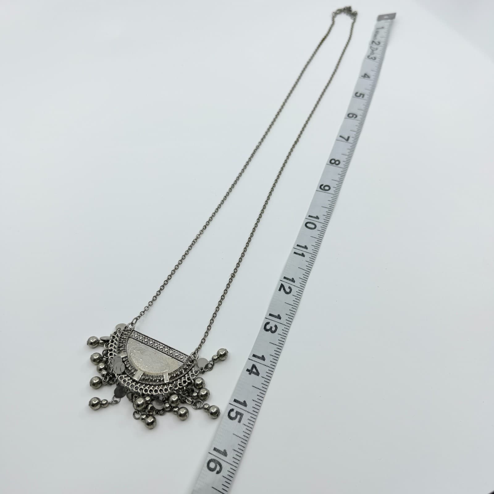 Vintage Silver Tone Boho Tribal Bib Statement Necklace Fringe Ball Disc Charms - Thumbnail 8