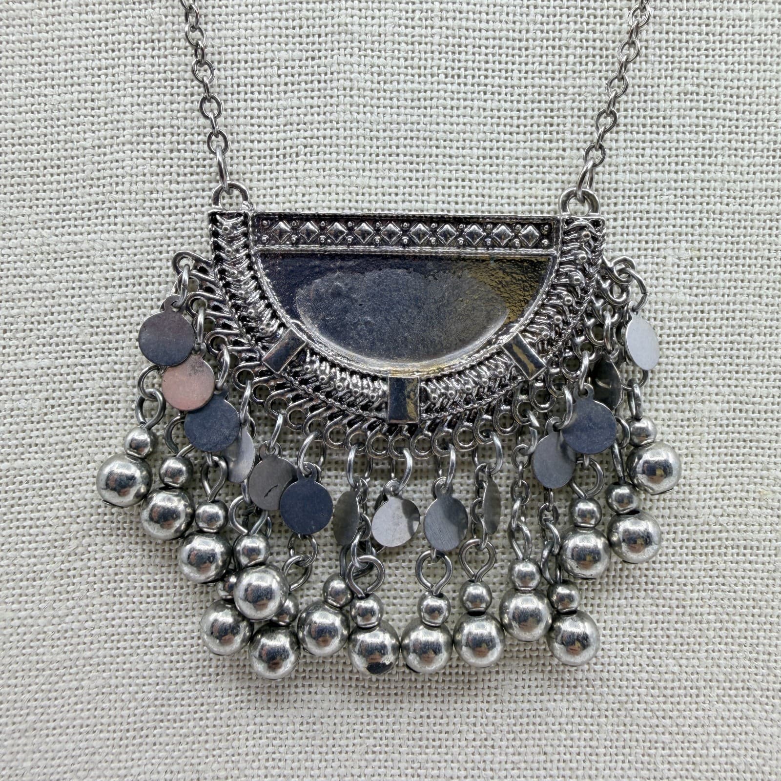 Vintage Silver Tone Boho Tribal Bib Statement Necklace Fringe Ball Disc Charms - Thumbnail 4