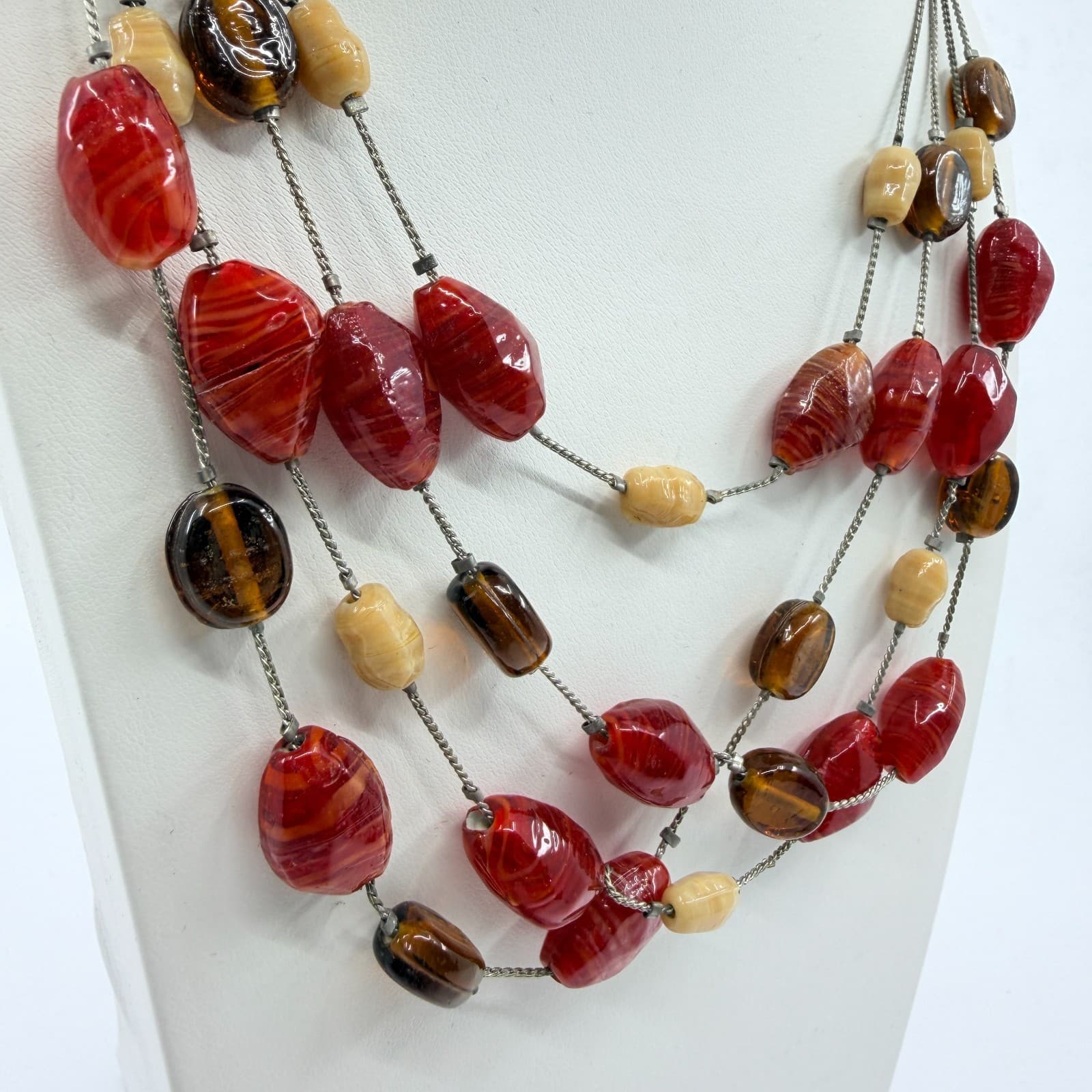 VTG Y2K New York & Co Multi Strand Layered Statement Necklace Red Brown Beaded - Thumbnail 5