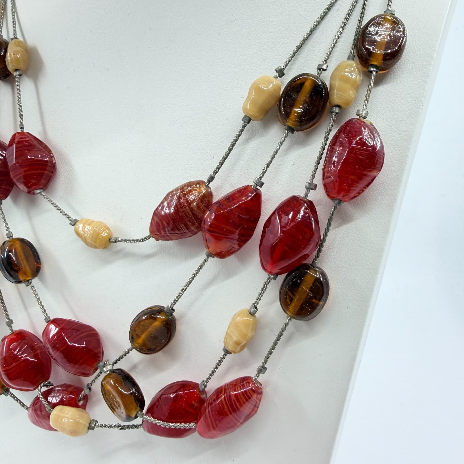 VTG Y2K New York & Co Multi Strand Layered Statement Necklace Red Brown Beaded - Thumbnail 7