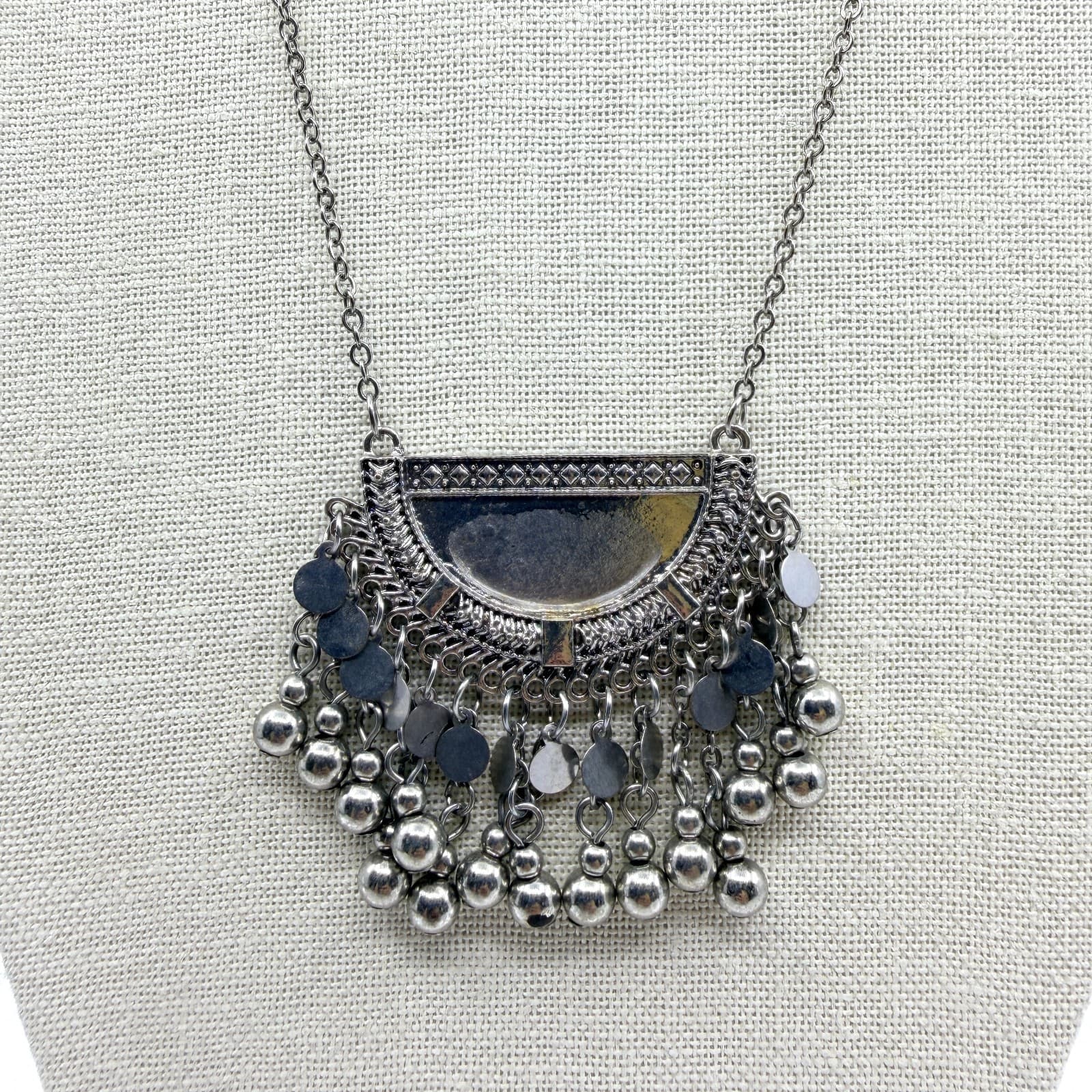 Vintage Silver Tone Boho Tribal Bib Statement Necklace Fringe Ball Disc Charms