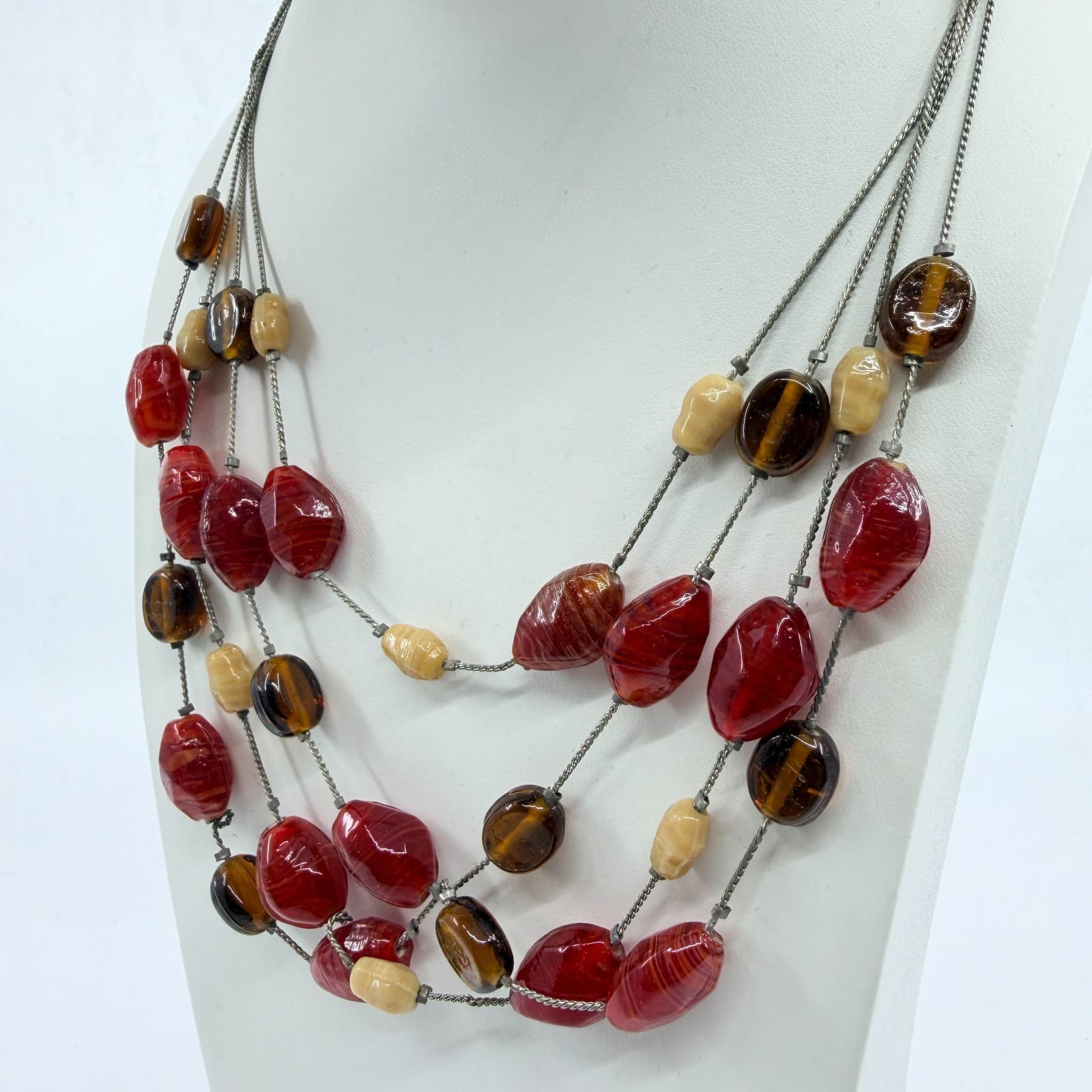 VTG Y2K New York & Co Multi Strand Layered Statement Necklace Red Brown Beaded - Thumbnail 8