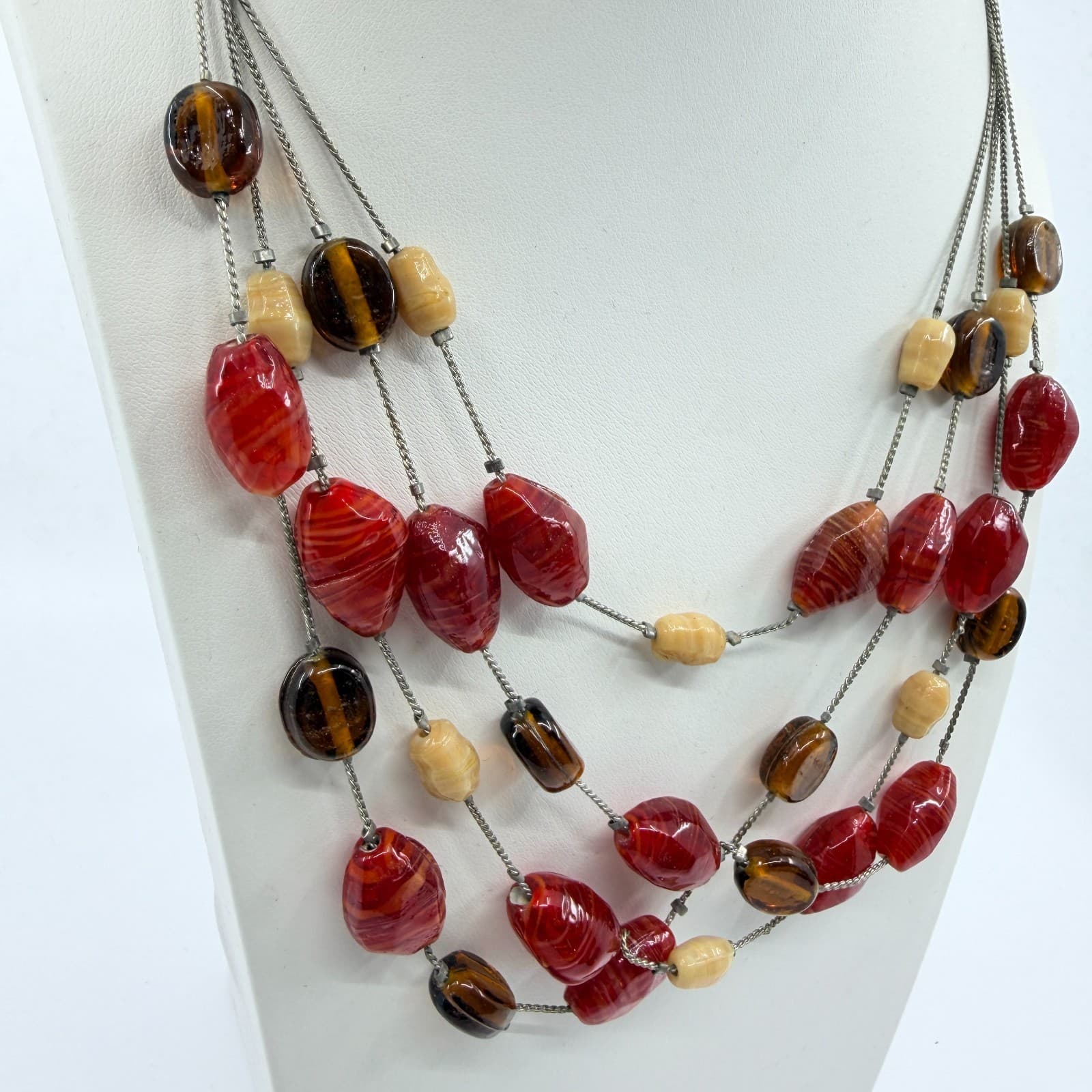 VTG Y2K New York & Co Multi Strand Layered Statement Necklace Red Brown Beaded - Thumbnail 3