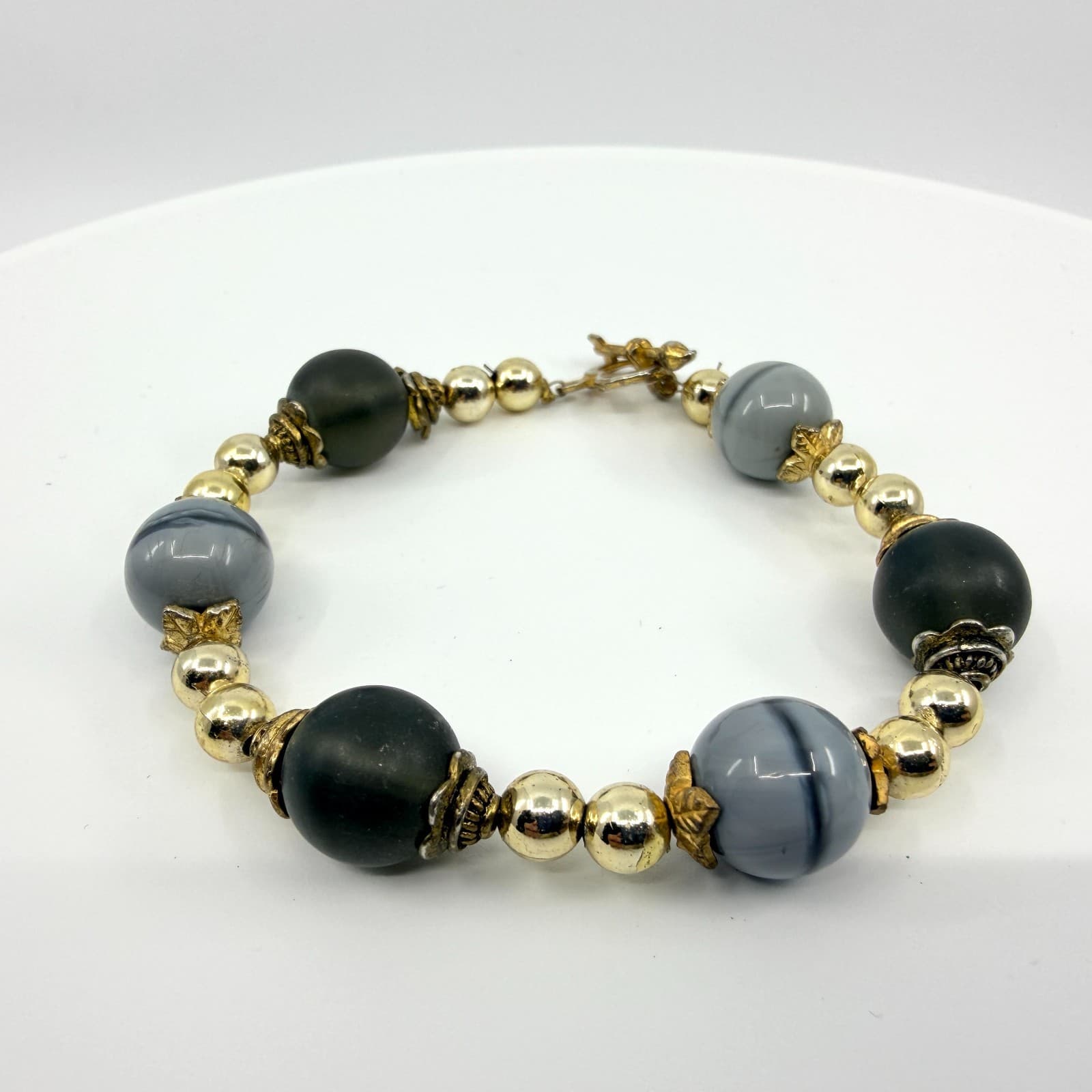 Vintage Gray Black Mixed Beaded Chunky Statement Bracelet Gold Tone