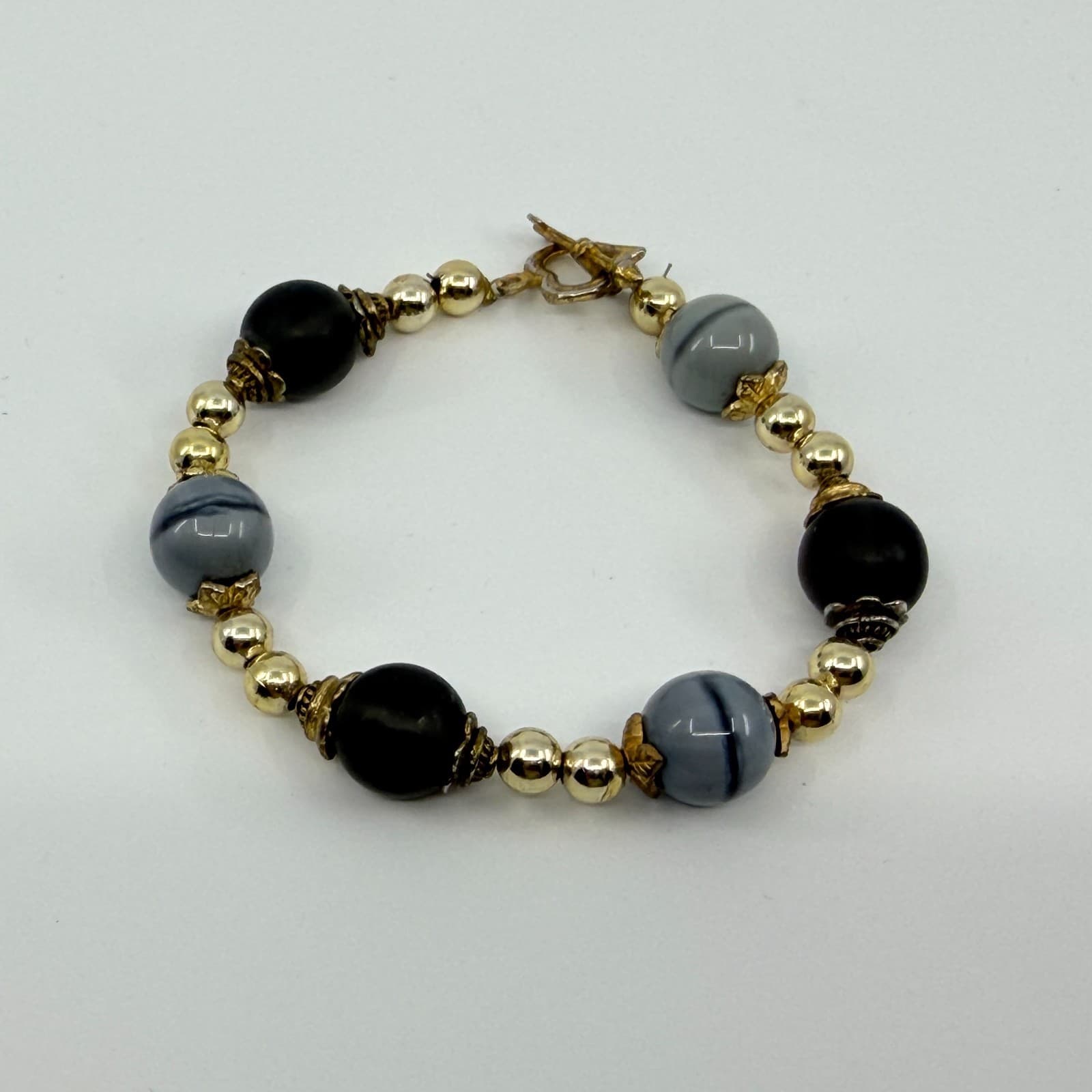 Vintage Gray Black Mixed Beaded Chunky Statement Bracelet Gold Tone - Thumbnail 6