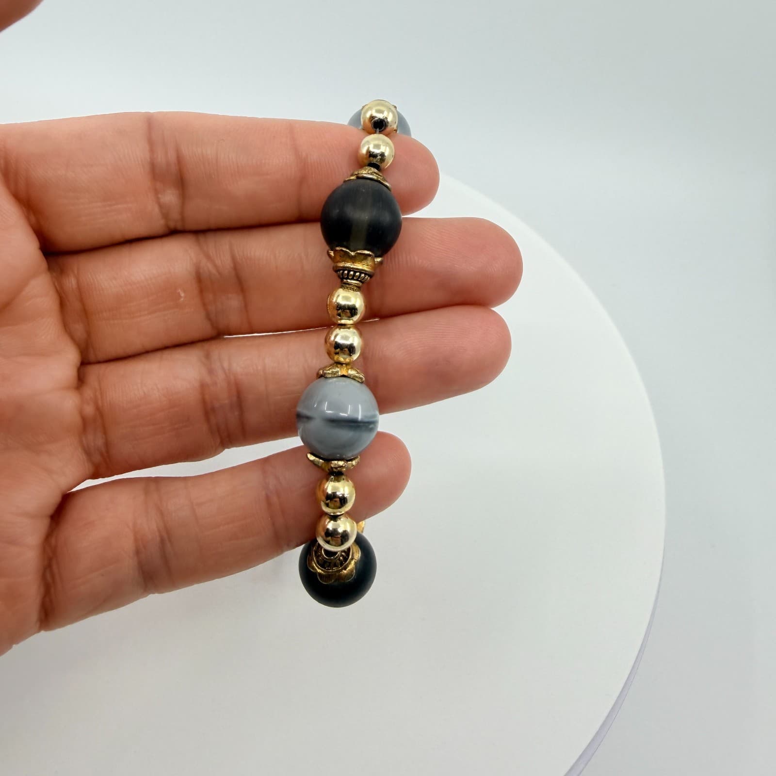 Vintage Gray Black Mixed Beaded Chunky Statement Bracelet Gold Tone - Thumbnail 7