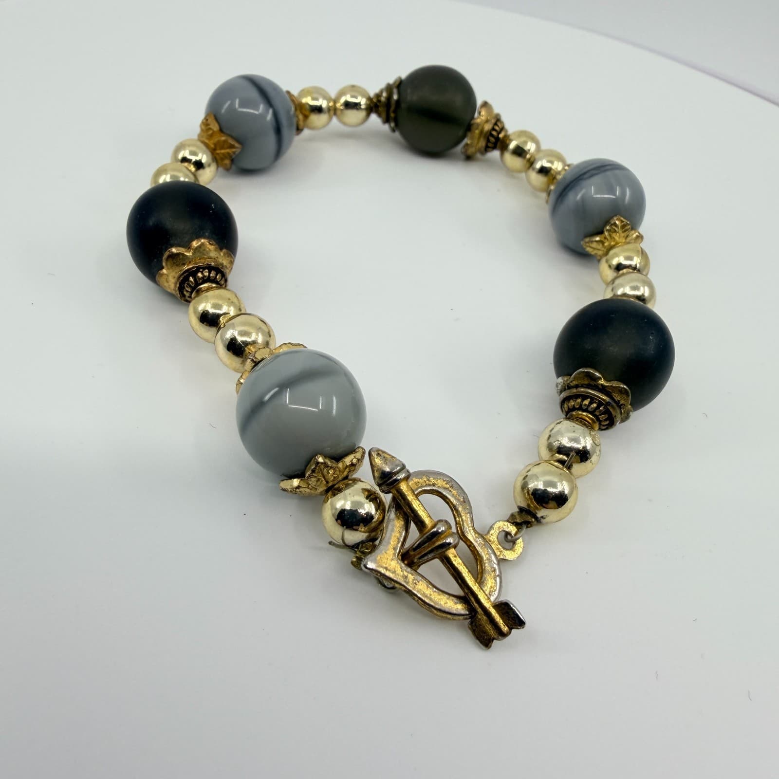 Vintage Gray Black Mixed Beaded Chunky Statement Bracelet Gold Tone - Thumbnail 8