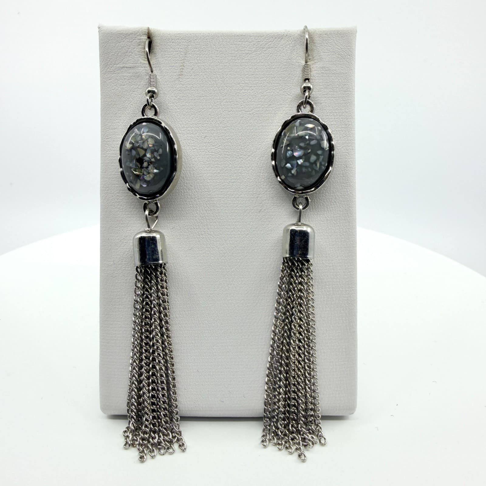 Vintage Silver Tone Long Chain Tassel Earrings Grey Cabochon Statement Boho