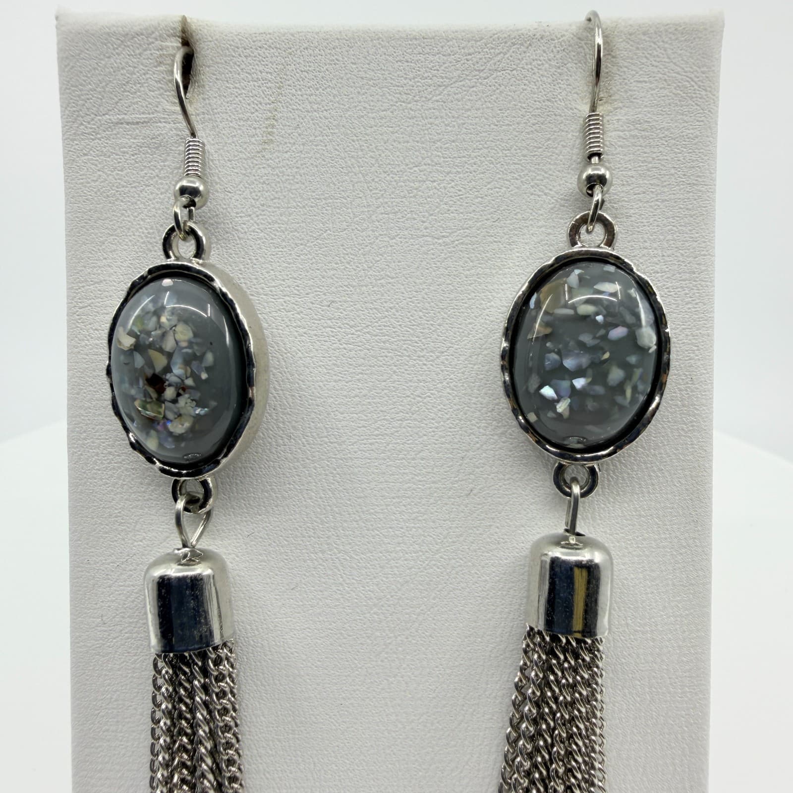 Vintage Silver Tone Long Chain Tassel Earrings Grey Cabochon Statement Boho - Thumbnail 2