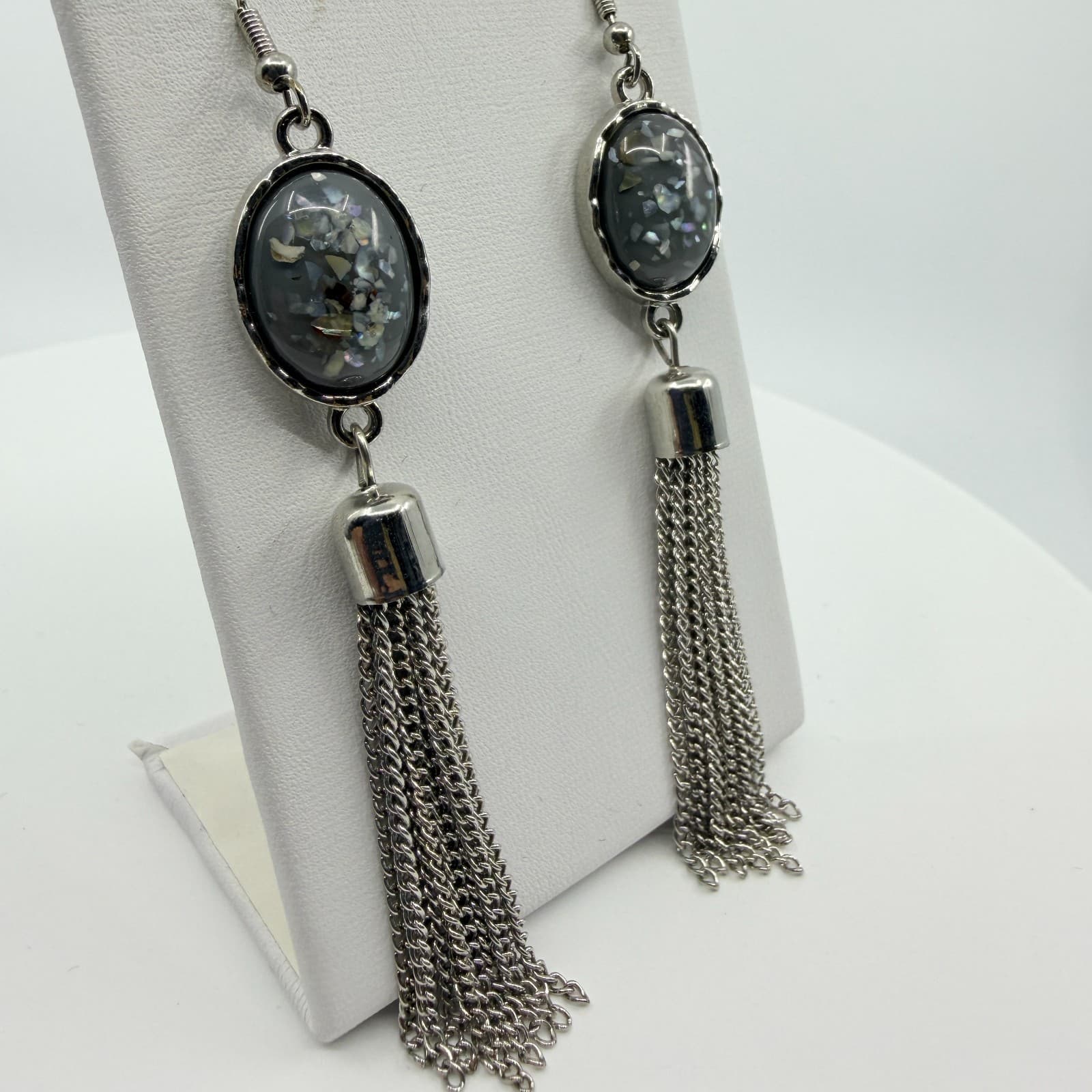 Vintage Silver Tone Long Chain Tassel Earrings Grey Cabochon Statement Boho - Thumbnail 3