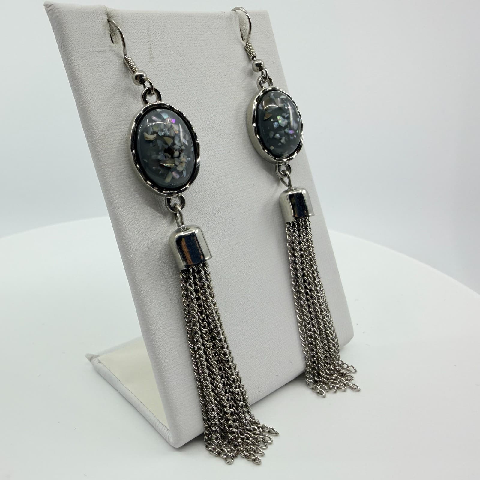 Vintage Silver Tone Long Chain Tassel Earrings Grey Cabochon Statement Boho - Thumbnail 5