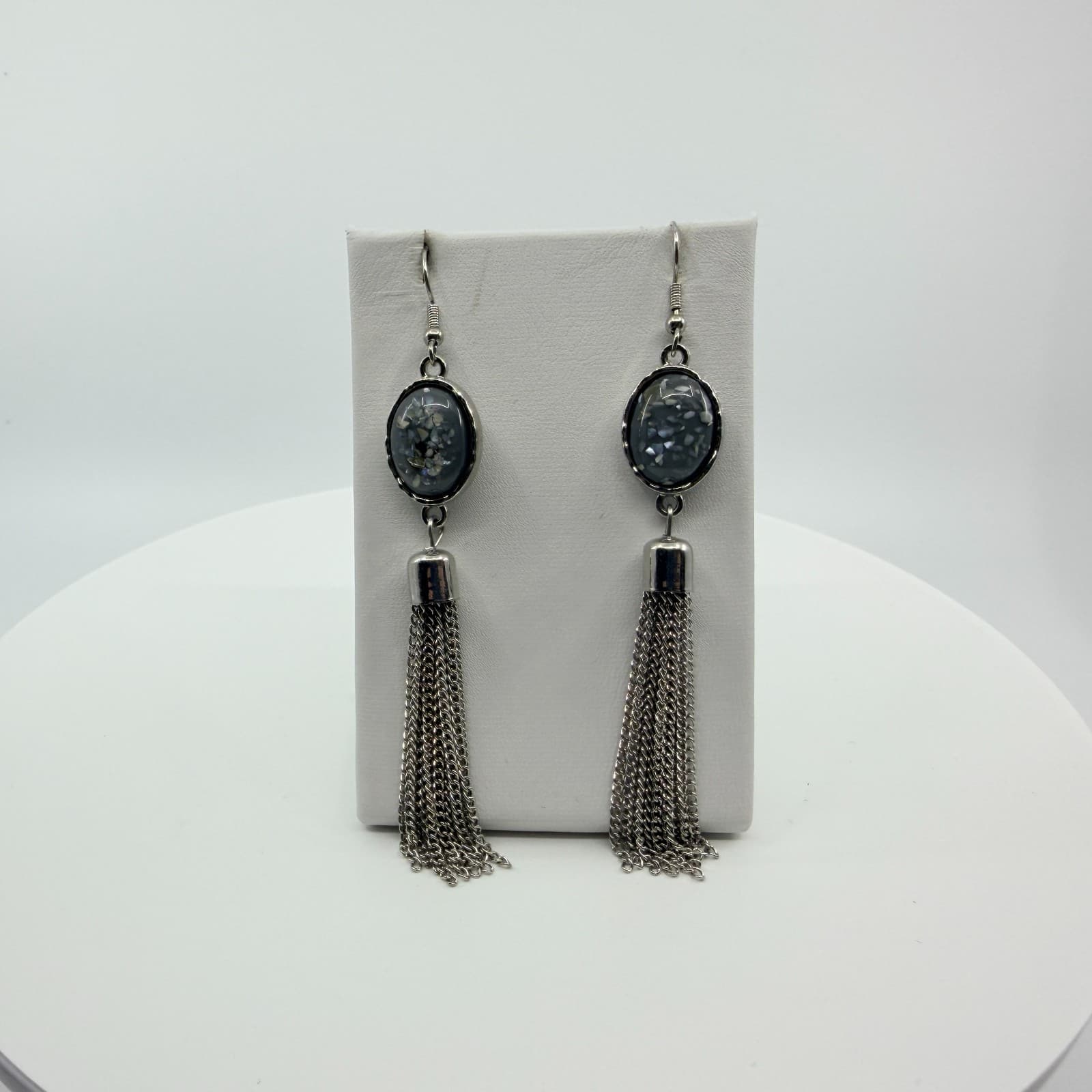 Vintage Silver Tone Long Chain Tassel Earrings Grey Cabochon Statement Boho - Thumbnail 6
