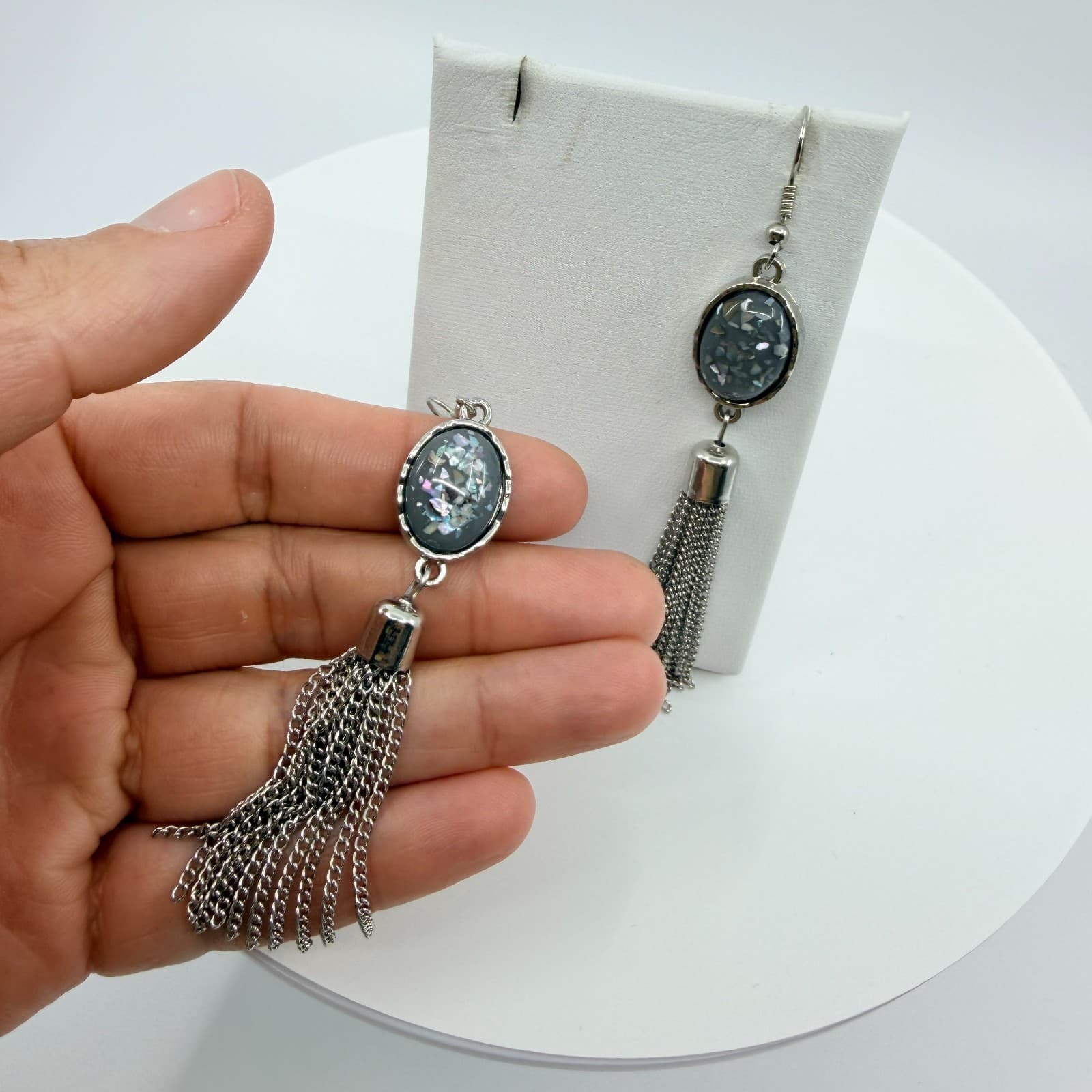 Vintage Silver Tone Long Chain Tassel Earrings Grey Cabochon Statement Boho - Thumbnail 7
