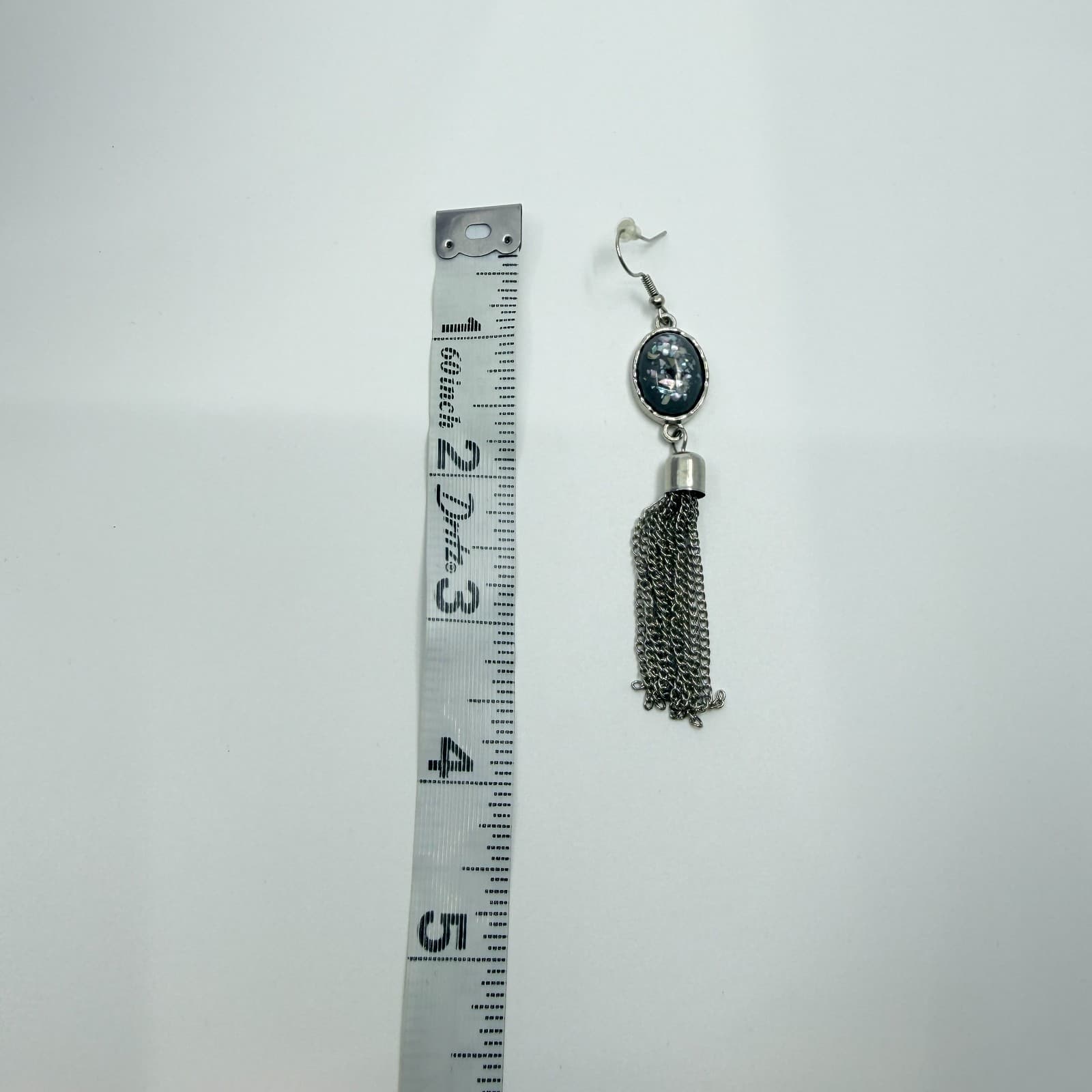 Vintage Silver Tone Long Chain Tassel Earrings Grey Cabochon Statement Boho - Thumbnail 8
