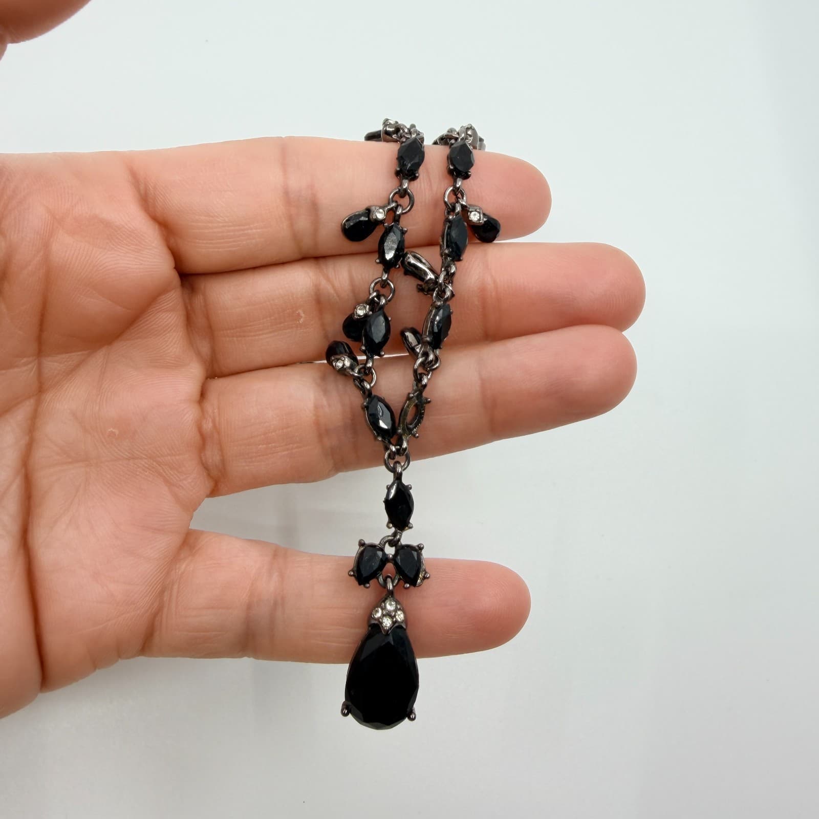 Vintage Gunmetal Tone Black Teardrop Pendant Necklace Statement Goth Y2K - Thumbnail 6