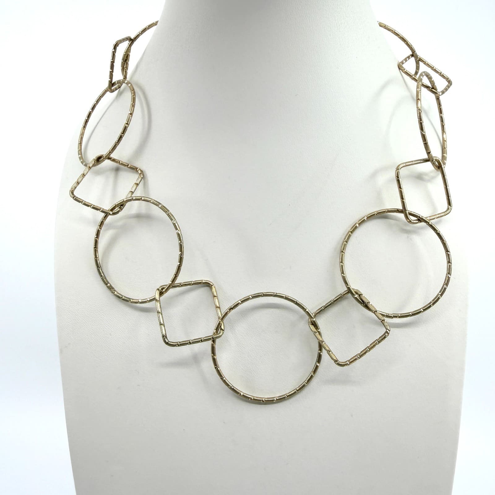 Vintage Gold Tone Geometric Linked Necklace Textured Circle Square Links 90s