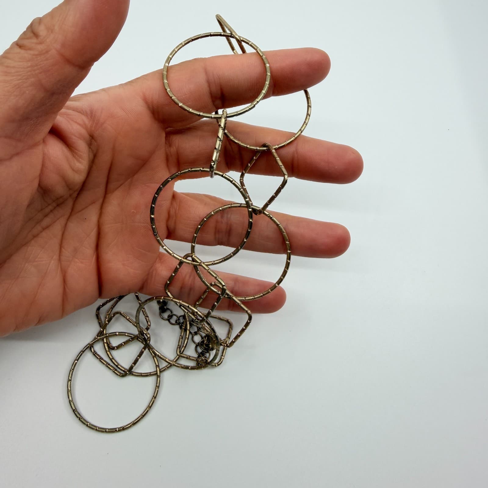 Vintage Gold Tone Geometric Linked Necklace Textured Circle Square Links 90s - Thumbnail 7