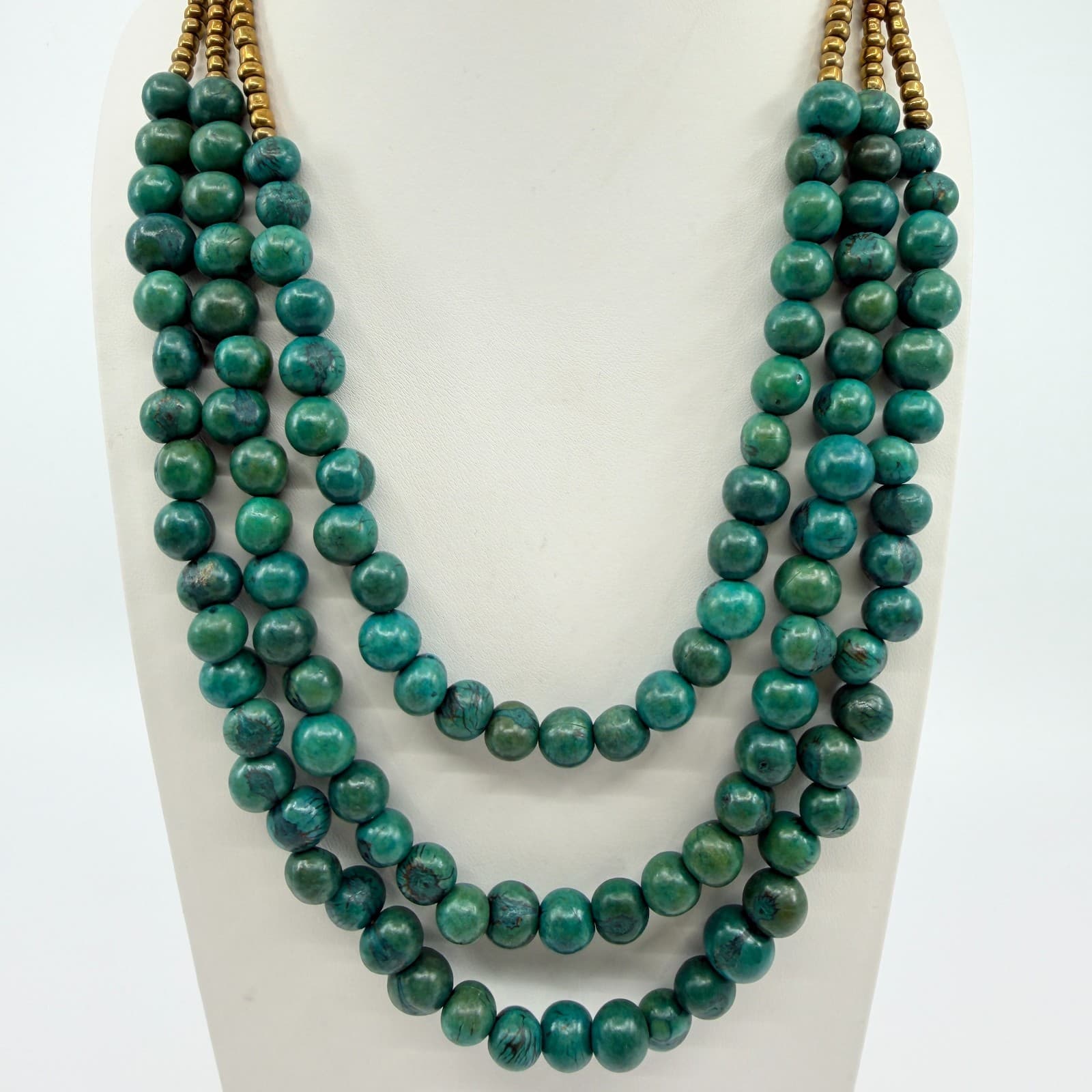 Vintage Triple Strand Green Faux Amazonite Bead Necklace Gold Tone Statement 90s - Thumbnail 2