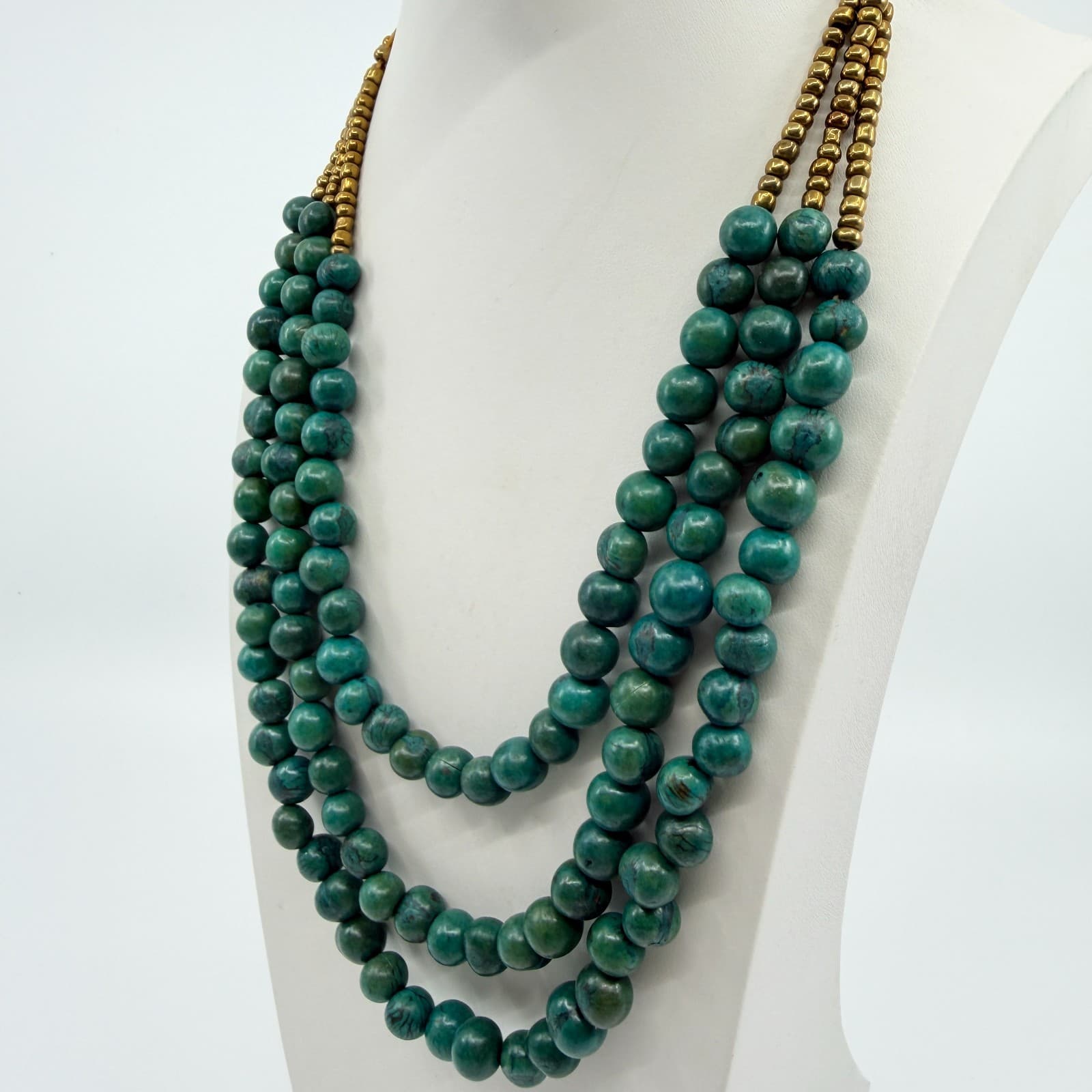 Vintage Triple Strand Green Faux Amazonite Bead Necklace Gold Tone Statement 90s - Thumbnail 7