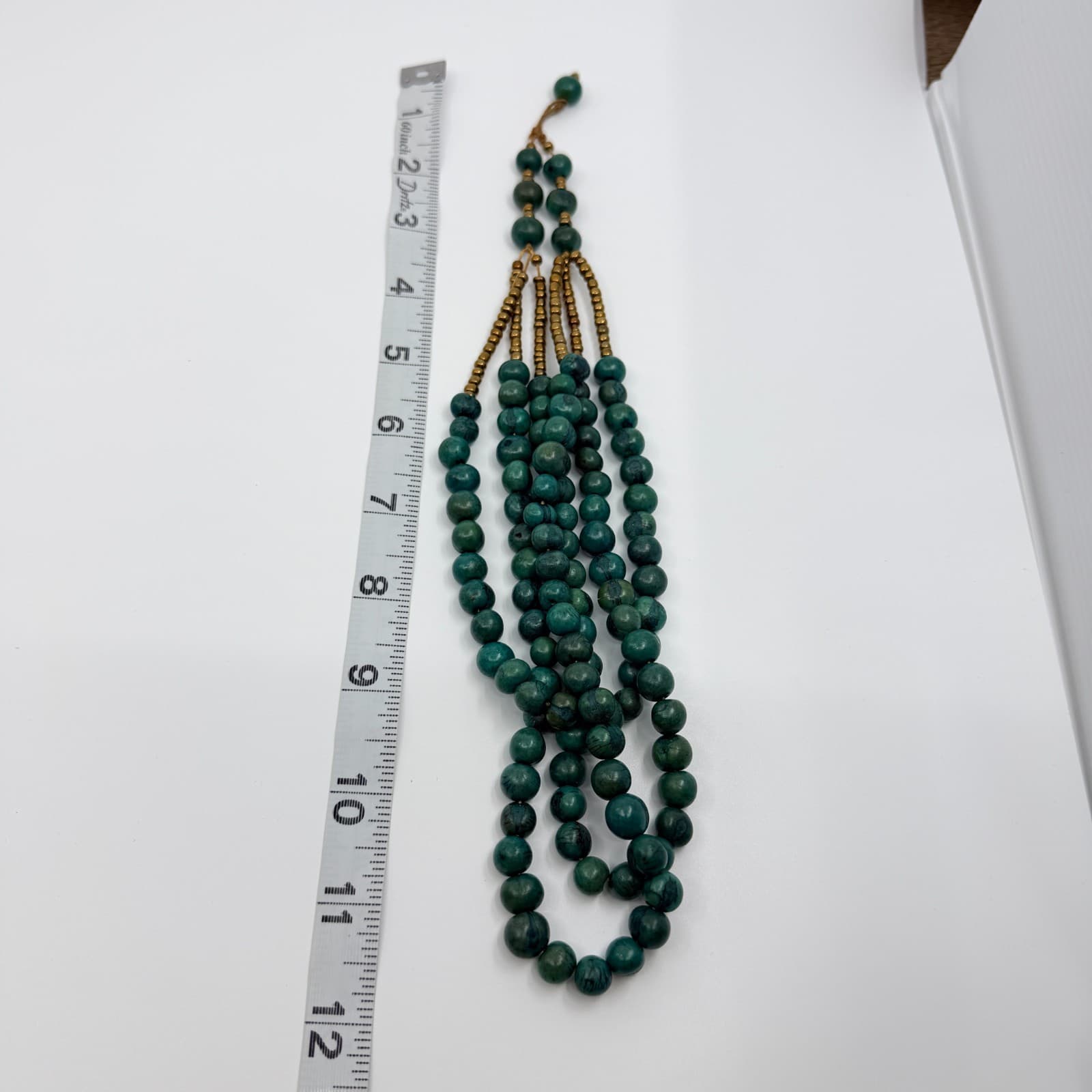 Vintage Triple Strand Green Faux Amazonite Bead Necklace Gold Tone Statement 90s - Thumbnail 11